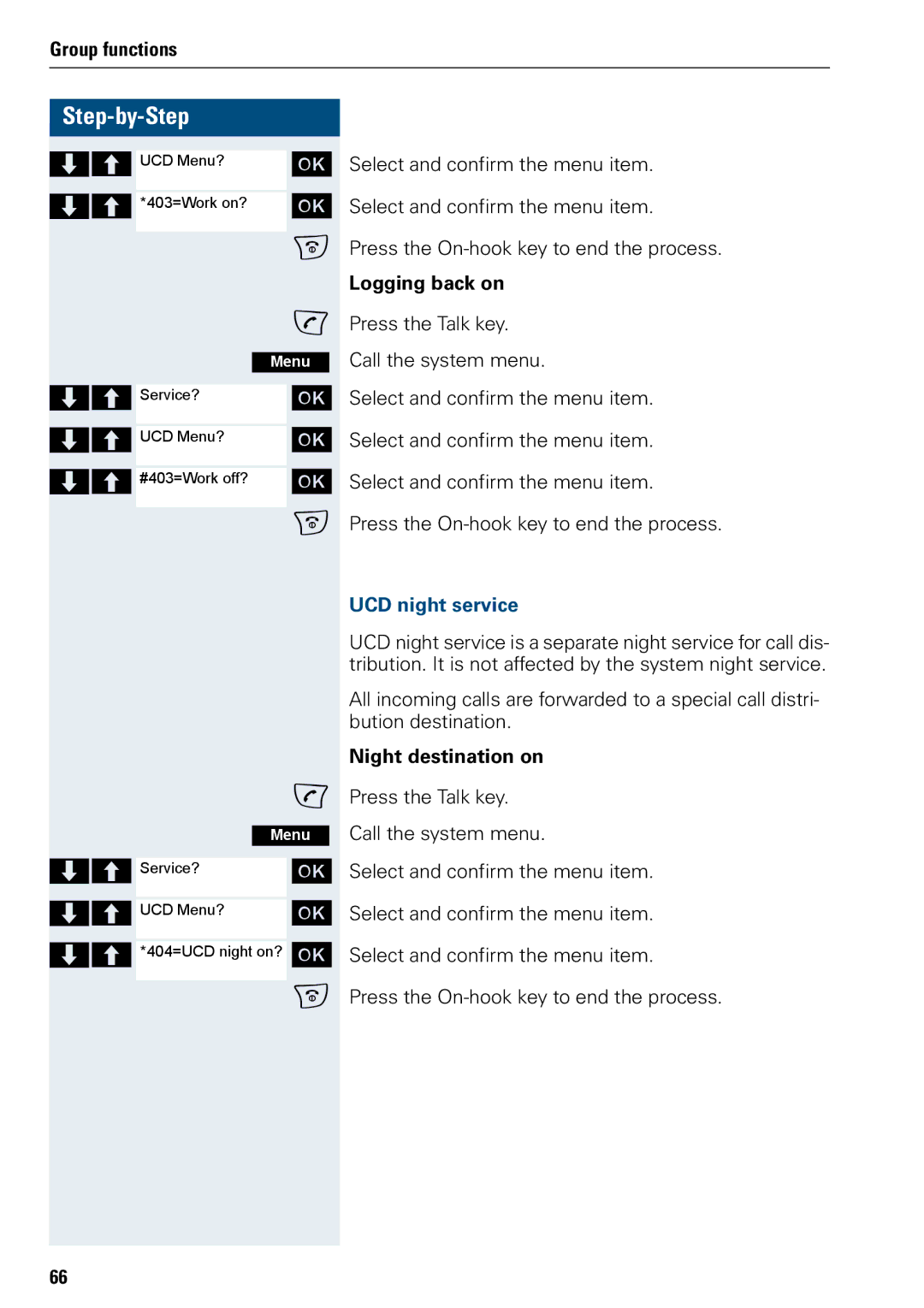 Siemens 500 manual Logging back on, UCD night service, Night destination on 