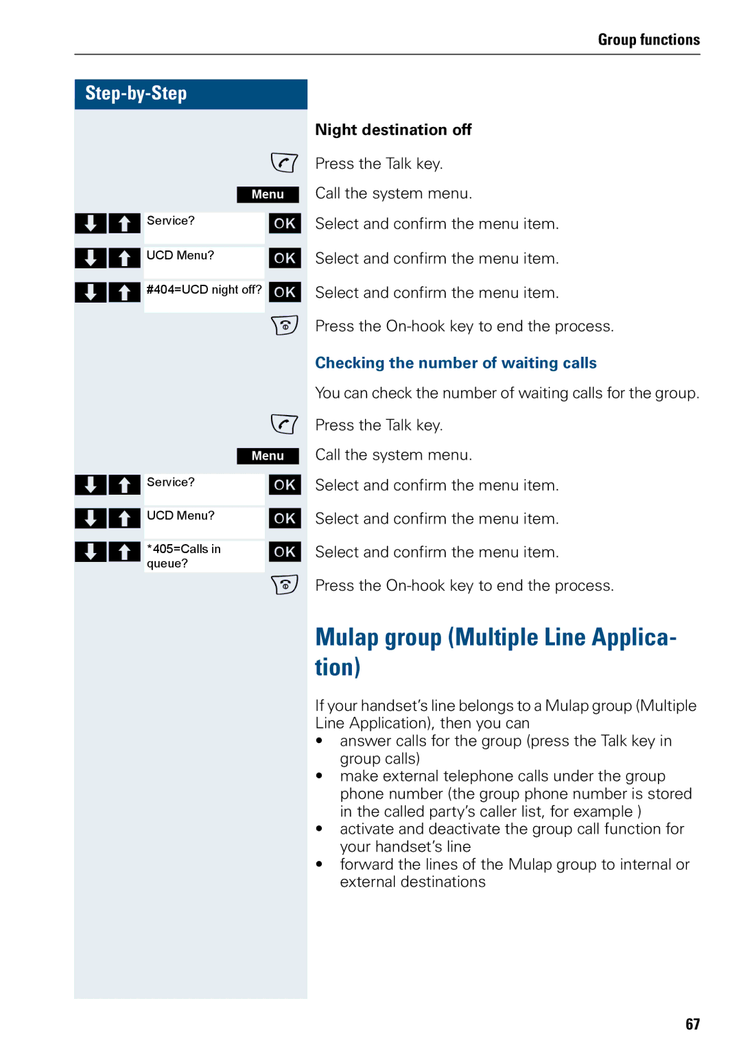 Siemens 500 manual Mulap group Multiple Line Applica- tion, Night destination off, Checking the number of waiting calls 