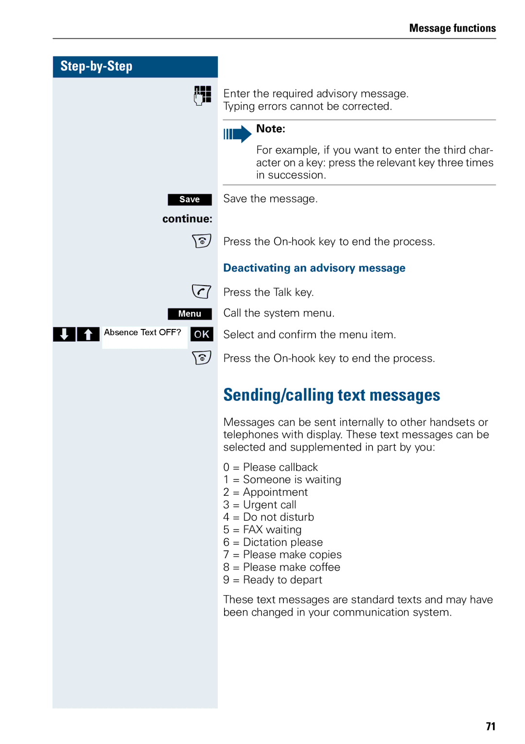 Siemens 500 manual Sending/calling text messages, Deactivating an advisory message 