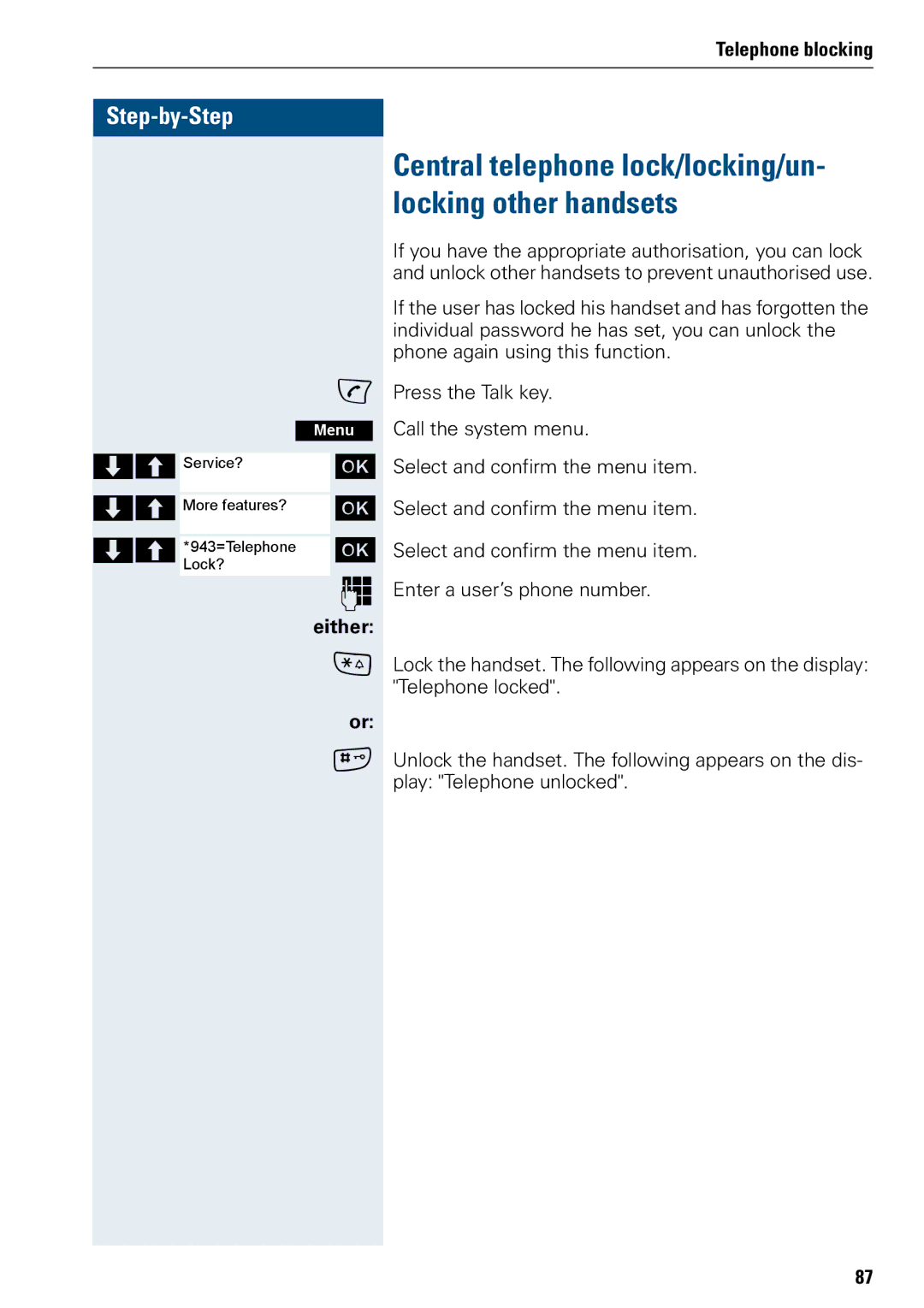 Siemens 500 manual Central telephone lock/locking/un- locking other handsets 