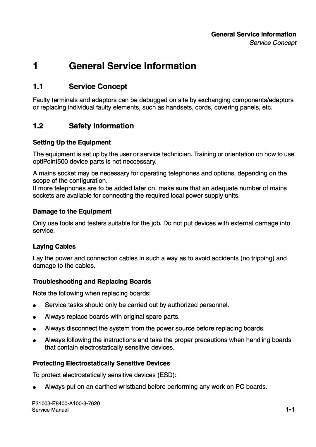 Siemens 500 General Service Information, Service Concept, Safety Information, Setting Up the Equipment, Laying Cables 