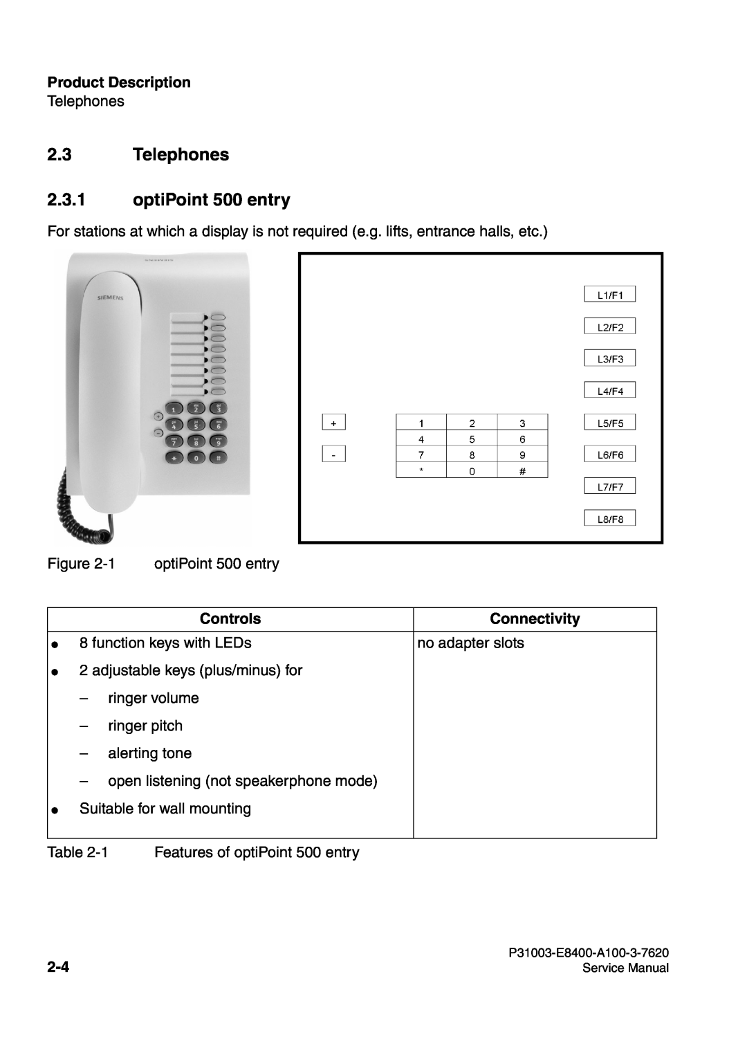 Siemens service manual Telephones 2.3.1 optiPoint 500 entry, Product Description, Controls, Connectivity 