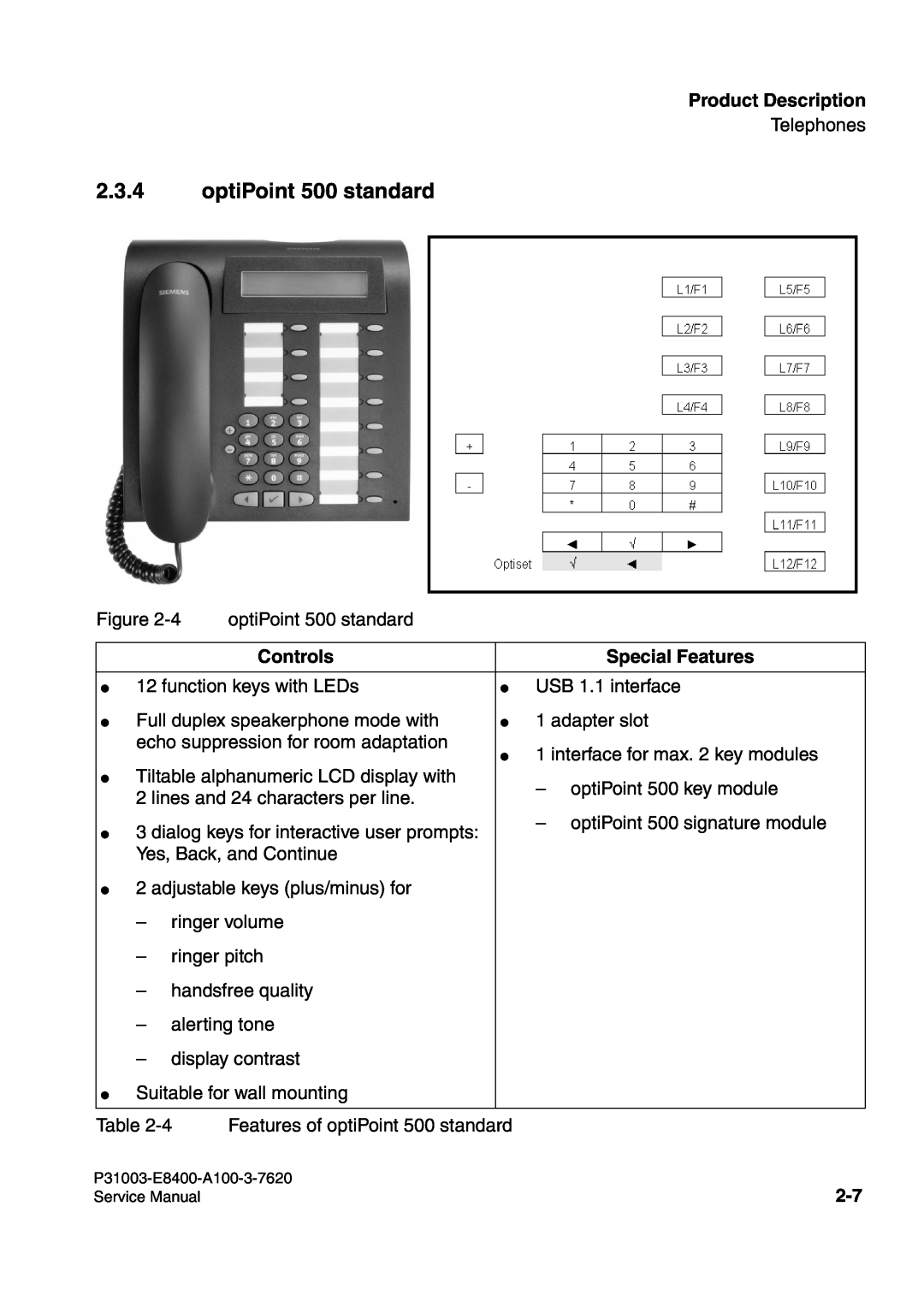 Siemens service manual optiPoint 500 standard, Product Description, Controls, Special Features 