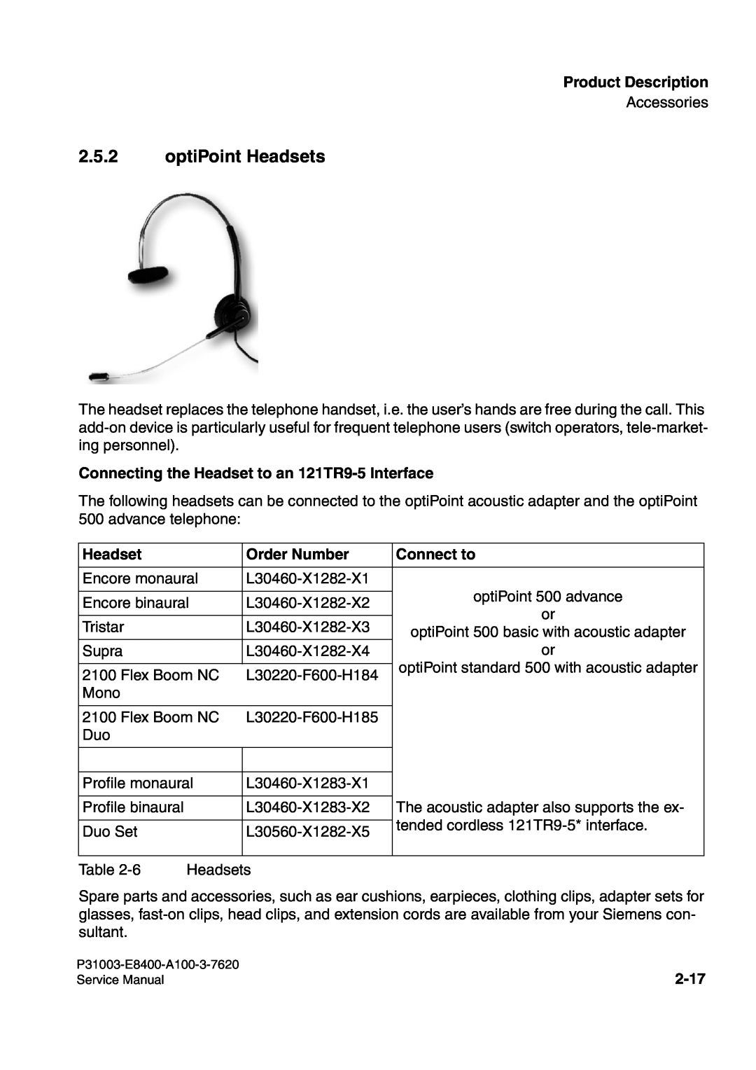 Siemens 500 optiPoint Headsets, Product Description, Connecting the Headset to an 121TR9-5 Interface, Order Number, 2-17 