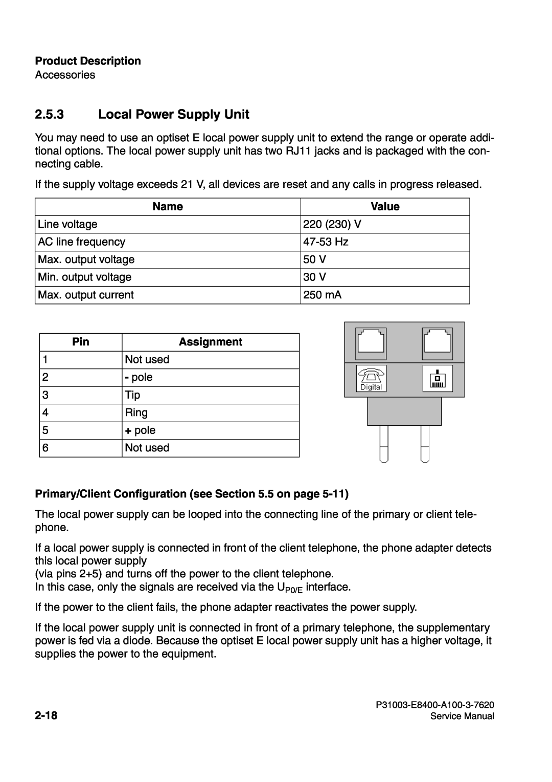 Siemens 500 service manual Local Power Supply Unit, Product Description, Name, Value, Assignment, 2-18 