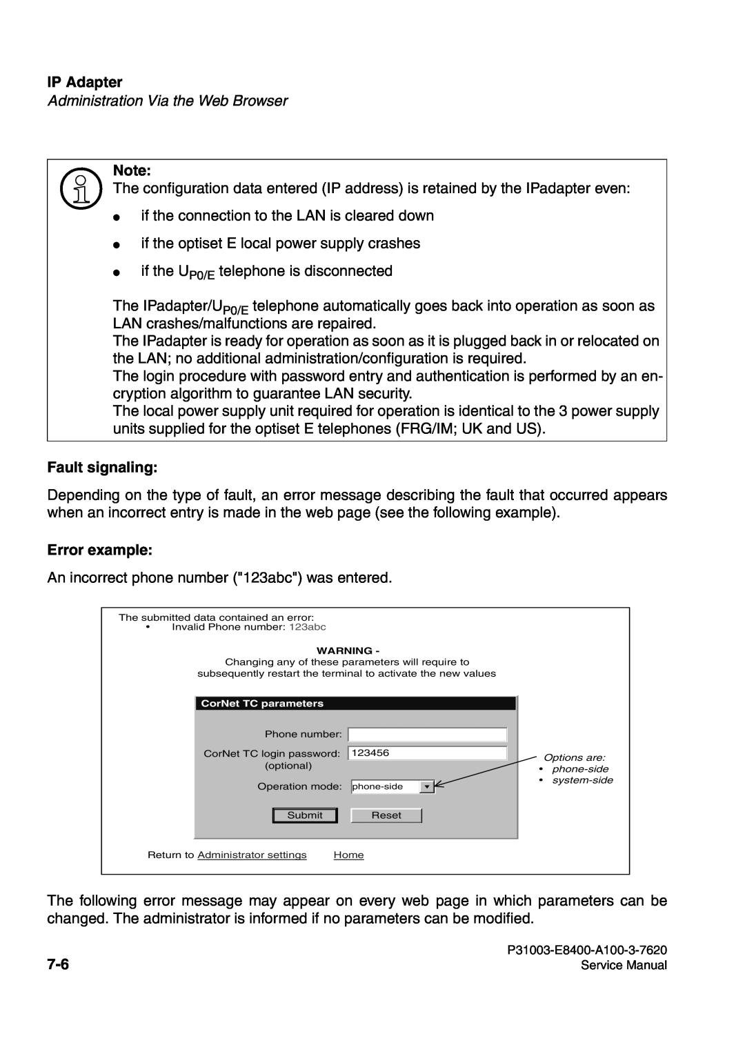 Siemens 500 service manual IP Adapter, if the connection to the LAN is cleared down, Fault signaling, Error example 