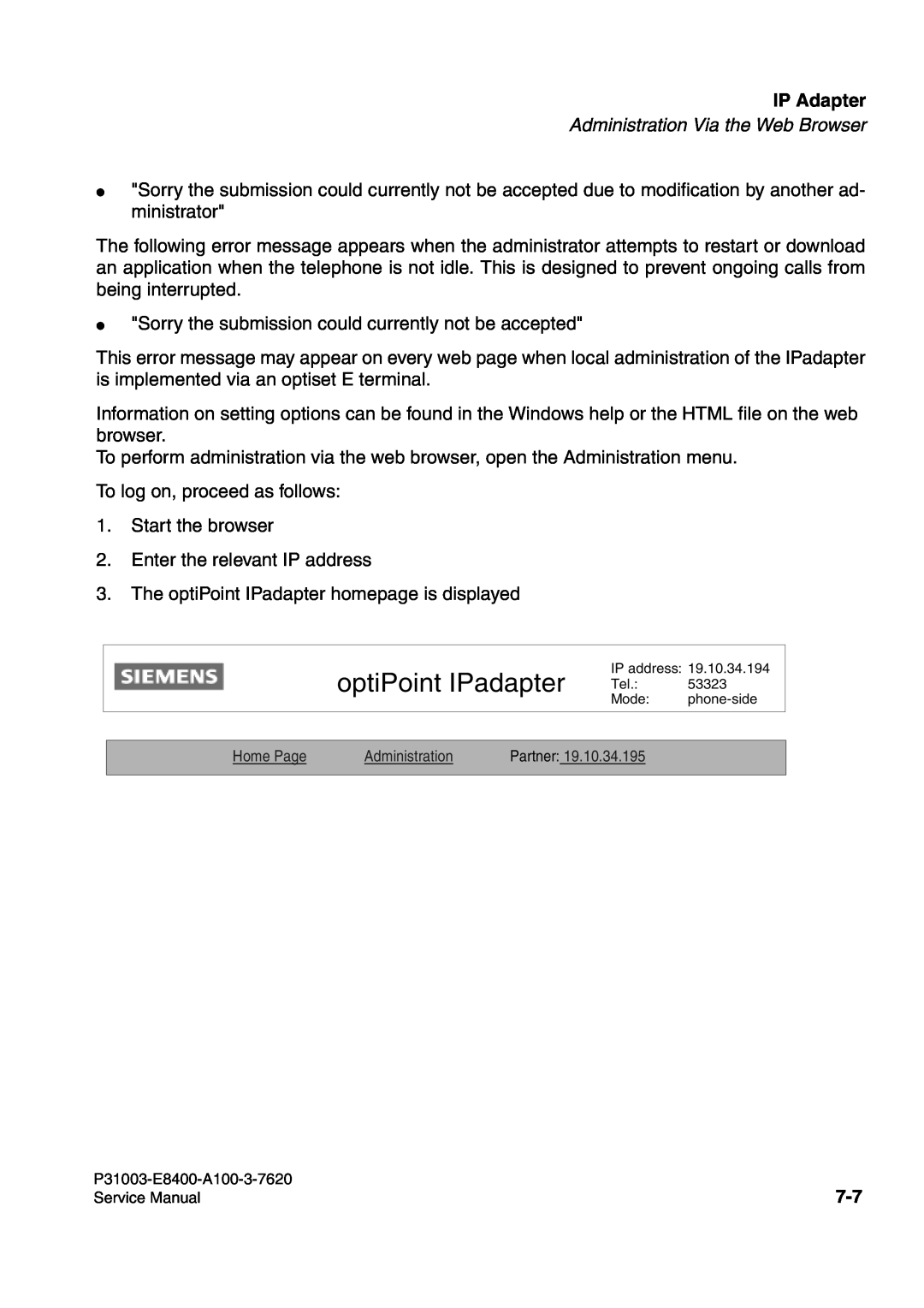 Siemens 500 service manual optiPoint IPadapter Tel, IP Adapter 