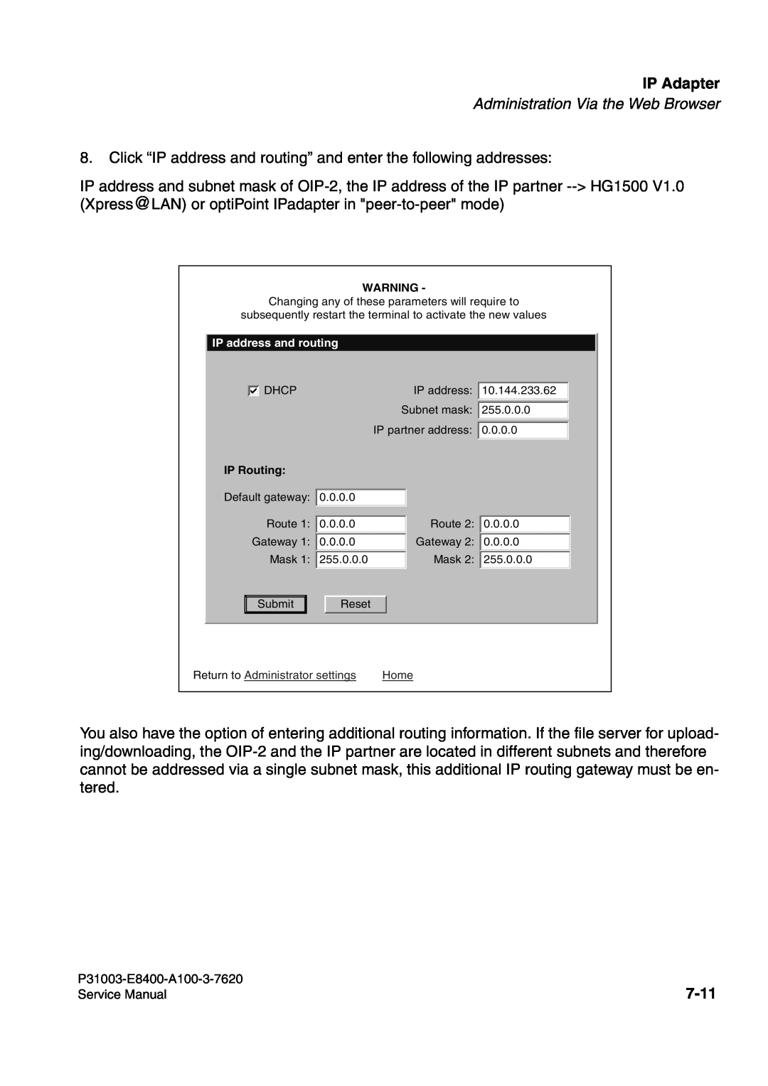 Siemens 500 service manual IP Adapter, Click “IP address and routing” and enter the following addresses, 7-11 