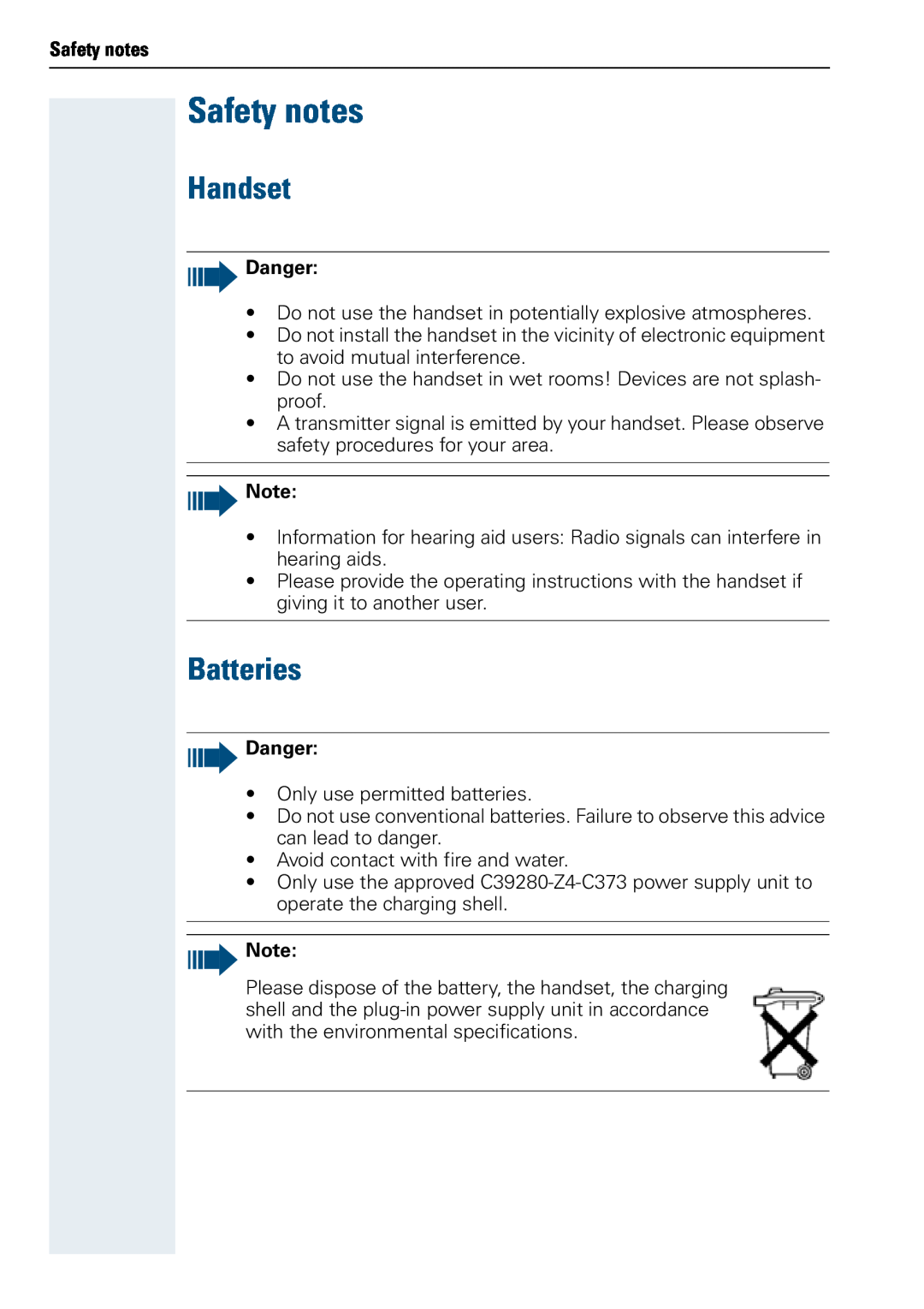 Siemens 500 manual Safety notes, Handset, Batteries, Danger 
