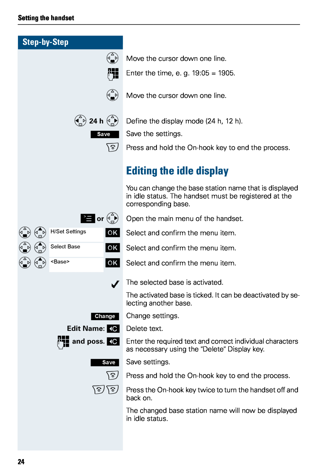 Siemens 500 manual Editing the idle display, a aa, Step-by-Step, Setting the handset, F24 h G, or G, Edit Name X oand poss 