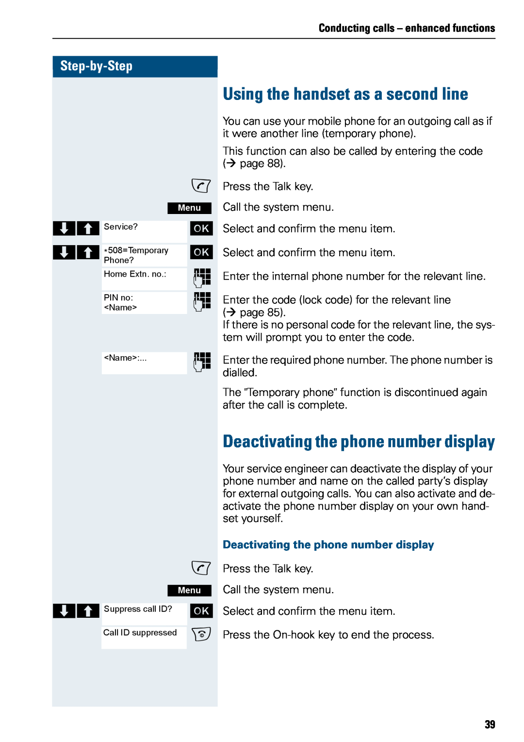 Siemens 500 manual Using the handset as a second line, Deactivating the phone number display, Step-by-Step 