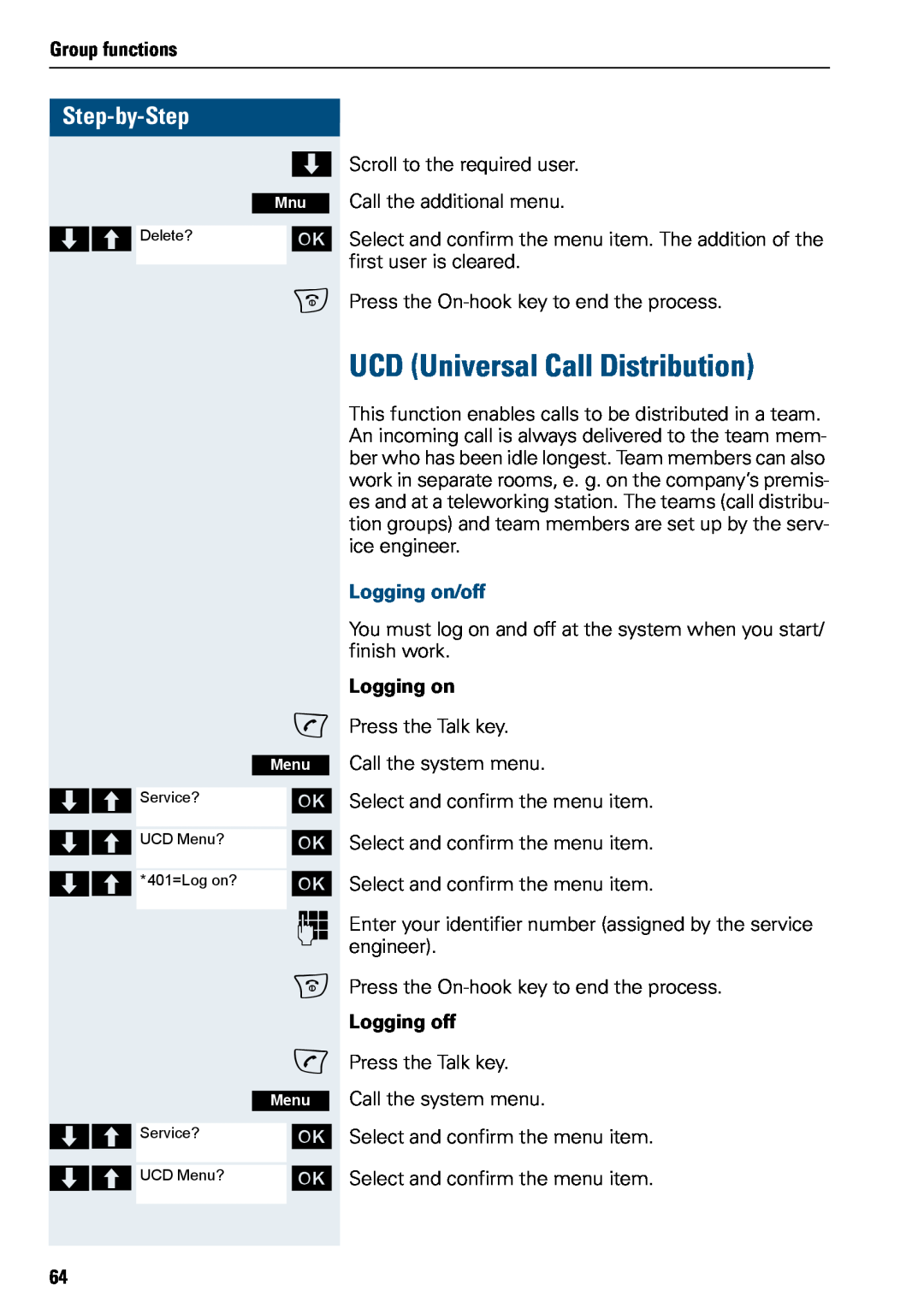 Siemens 500 manual UCD Universal Call Distribution, Step-by-Step, Group functions, Logging on/off, Logging off 