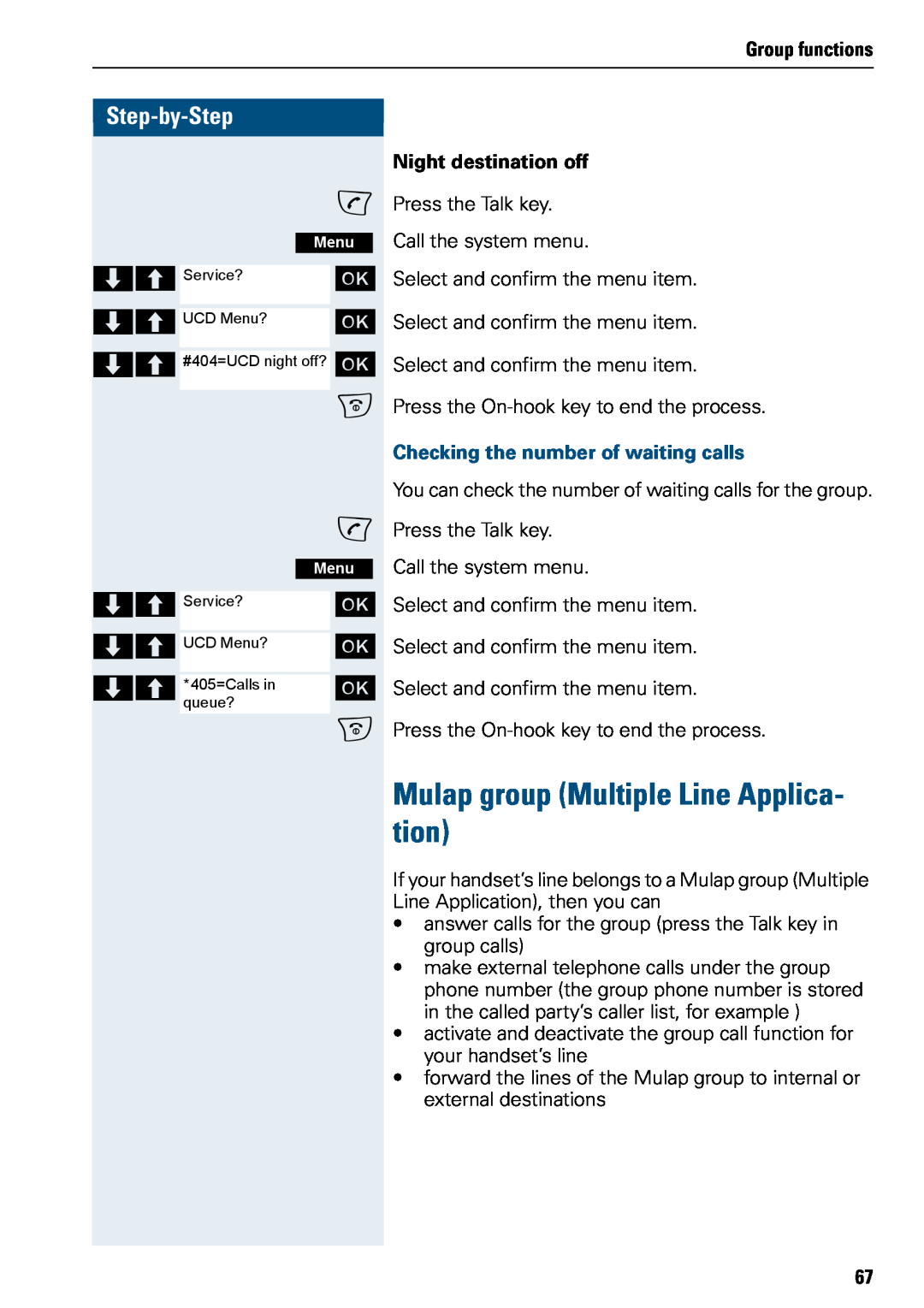 Siemens 500 manual Mulap group Multiple Line Applica- tion, Step-by-Step, Group functions, Night destination off 