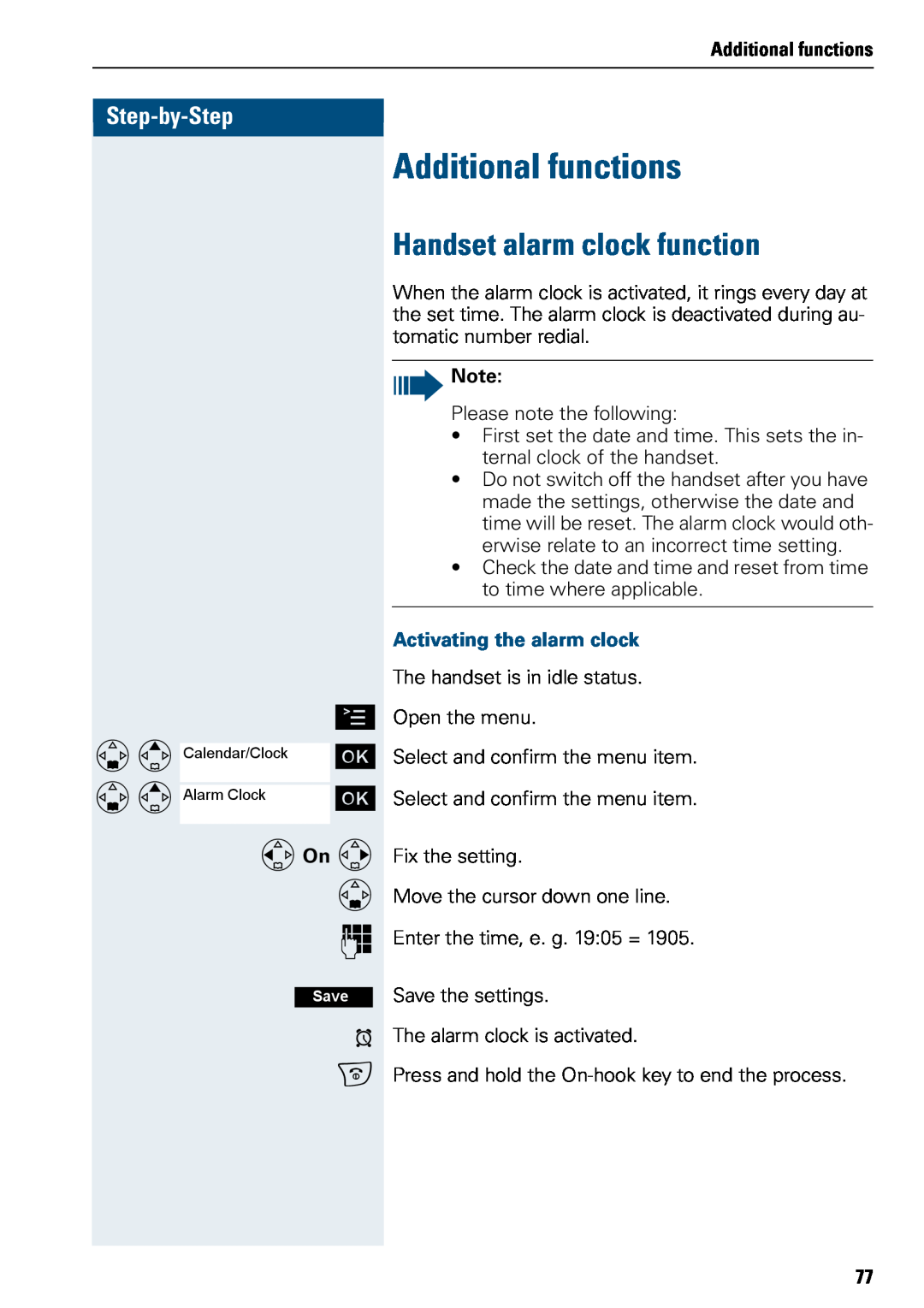Siemens 500 manual Additional functions, Handset alarm clock function, Step-by-Step, FOn G, Activating the alarm clock 