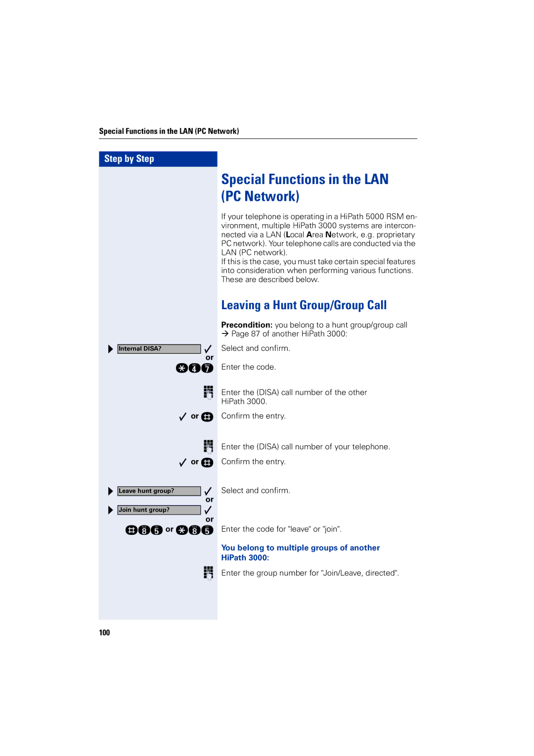 Siemens 5000 RSM operating instructions Special Functions in the LAN PC Network, Leaving a Hunt Group/Group Call, Or r 