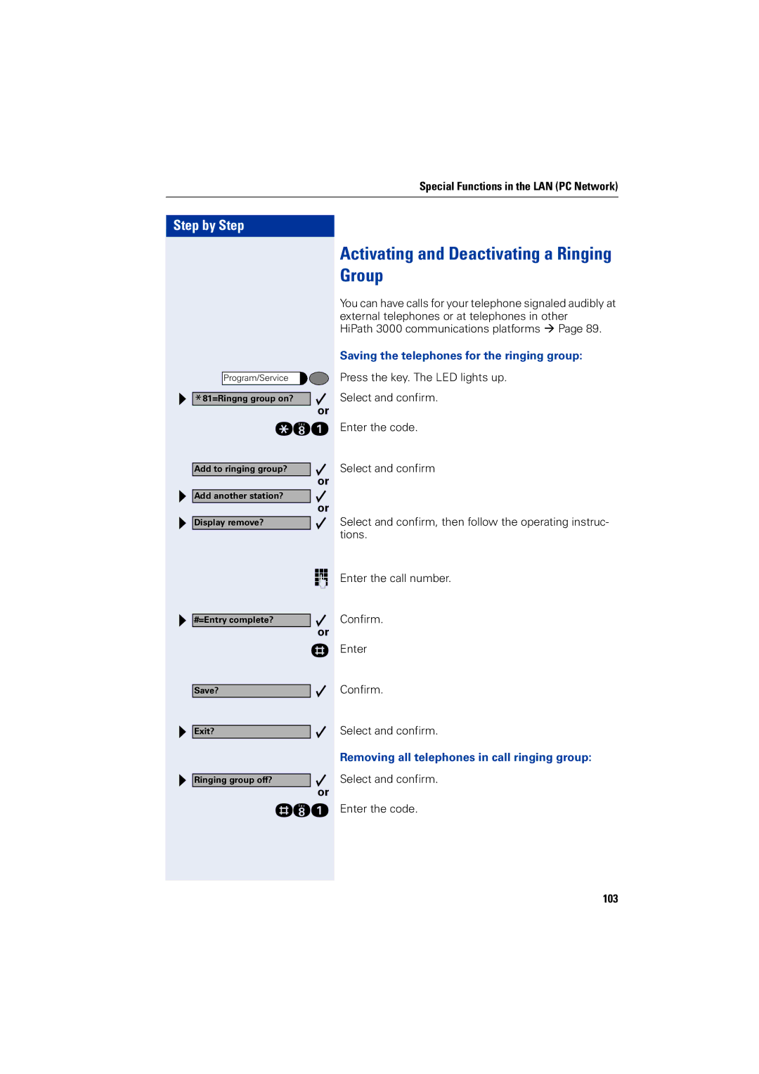 Siemens 5000 RSM operating instructions Saving the telephones for the ringing group, 103 