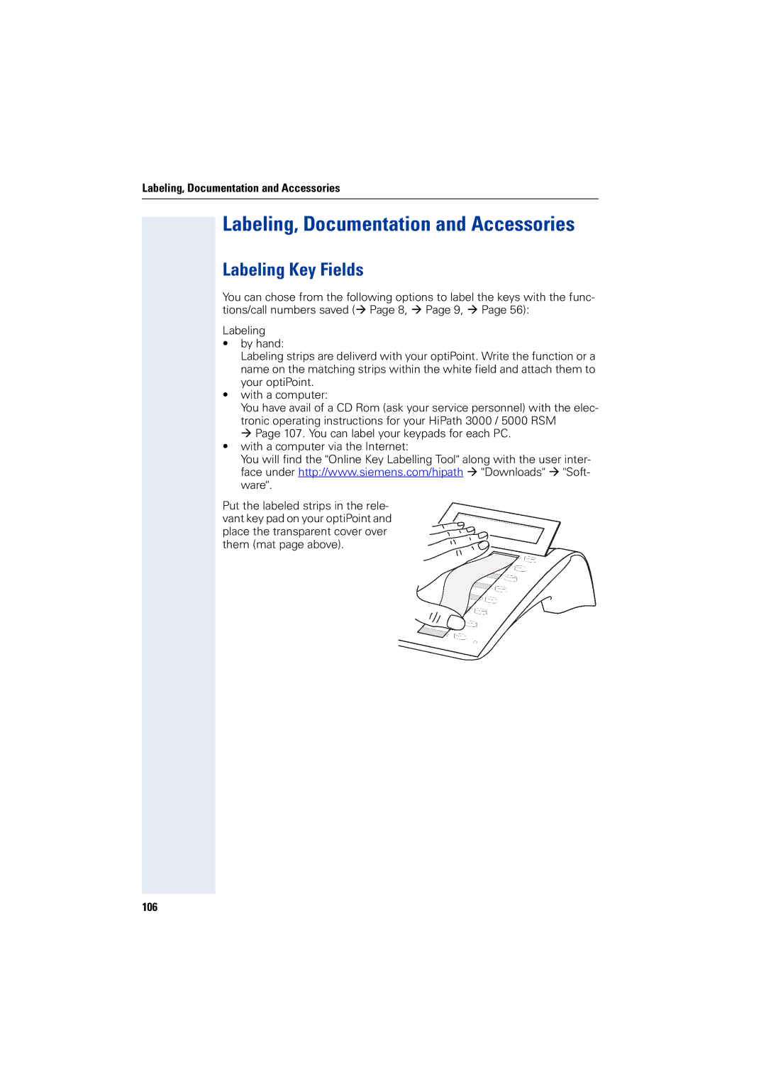 Siemens 5000 RSM operating instructions Labeling, Documentation and Accessories, Labeling Key Fields, 106 