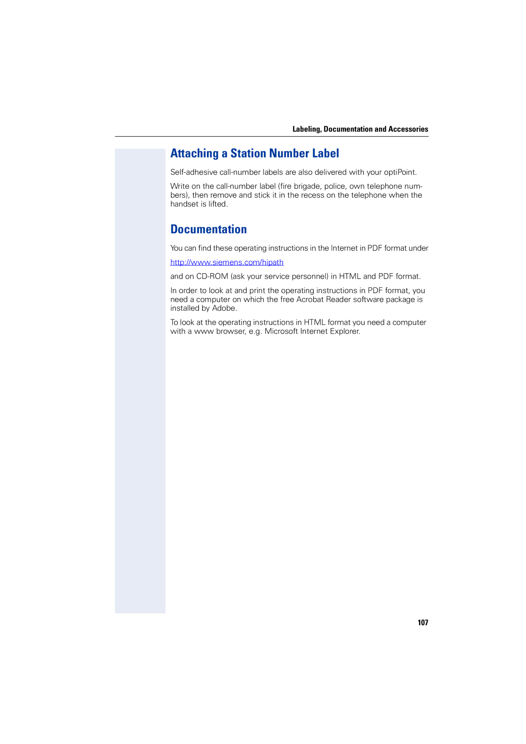 Siemens 5000 RSM operating instructions Attaching a Station Number Label, Documentation, 107 