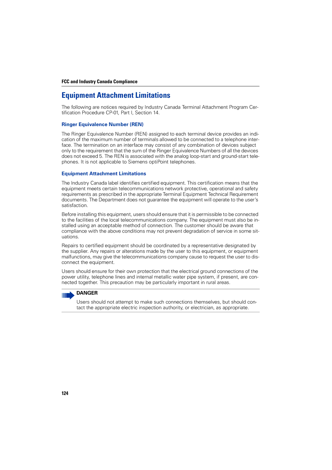 Siemens 5000 RSM operating instructions Equipment Attachment Limitations, Ringer Equivalence Number REN, 124 