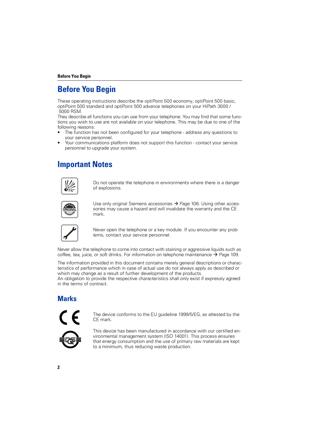 Siemens 5000 RSM operating instructions Before You Begin, Important Notes, Marks 