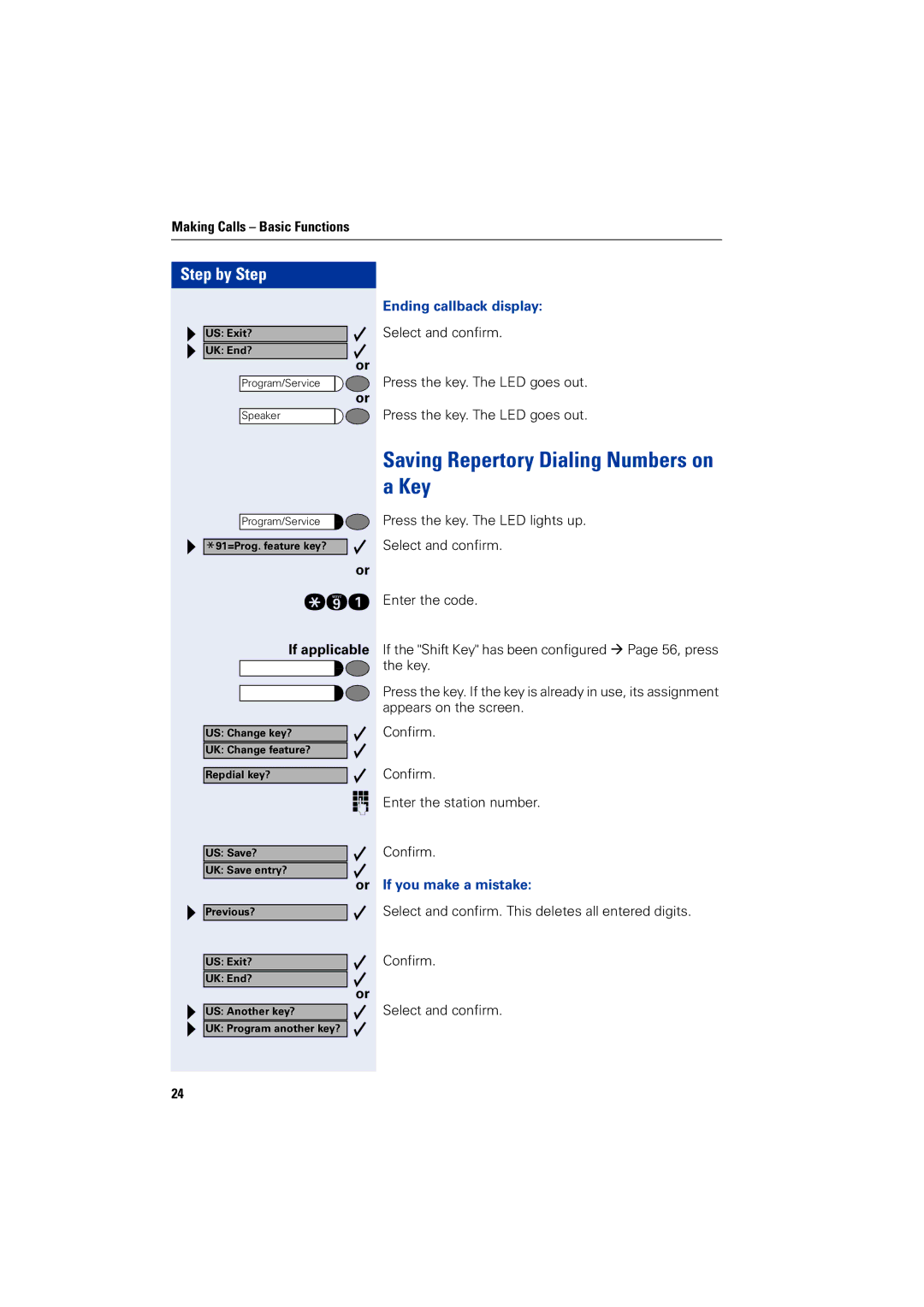 Siemens 5000 RSM Key, Saving Repertory Dialing Numbers on, Ending callback display, If you make a mistake 