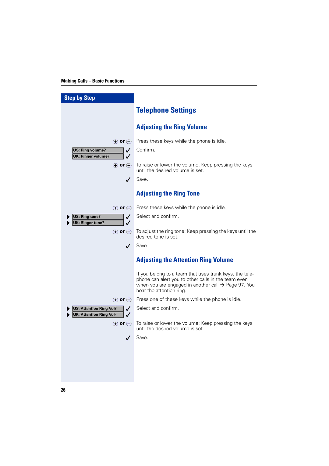 Siemens 5000 RSM operating instructions Telephone Settings, Adjusting the Ring Volume, Adjusting the Ring Tone 