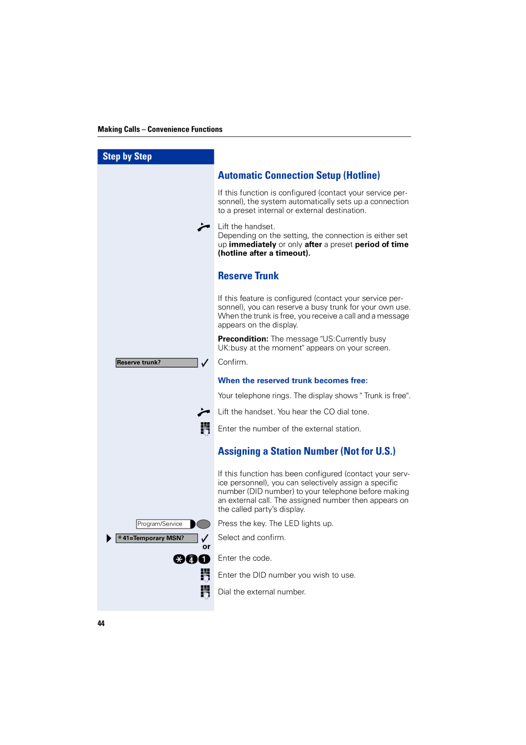 Siemens 5000 RSM Automatic Connection Setup Hotline, Reserve Trunk, Assigning a Station Number Not for U.S 