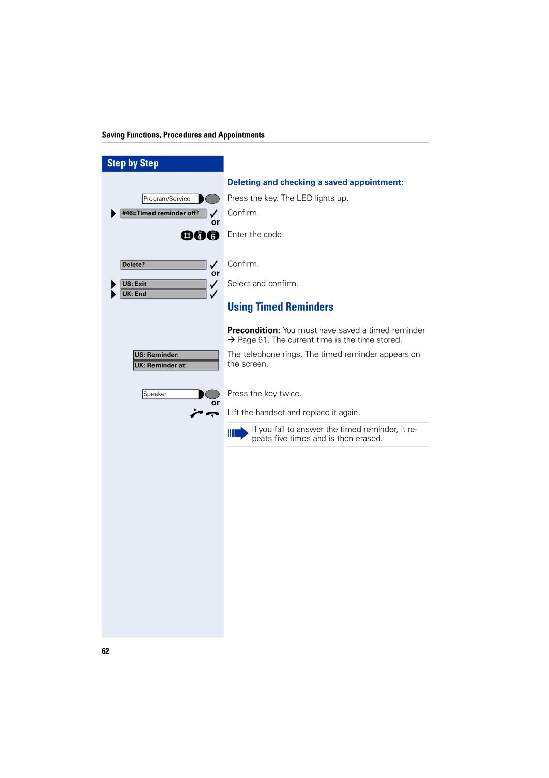 Siemens 5000 RSM operating instructions Using Timed Reminders, Rhj, Deleting and checking a saved appointment 