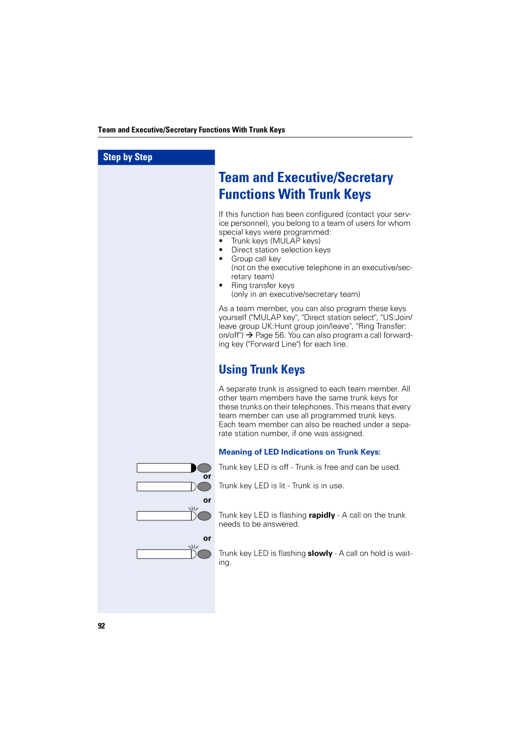 Siemens 5000 RSM operating instructions Using Trunk Keys, Team and Executive/Secretary Functions With Trunk Keys 