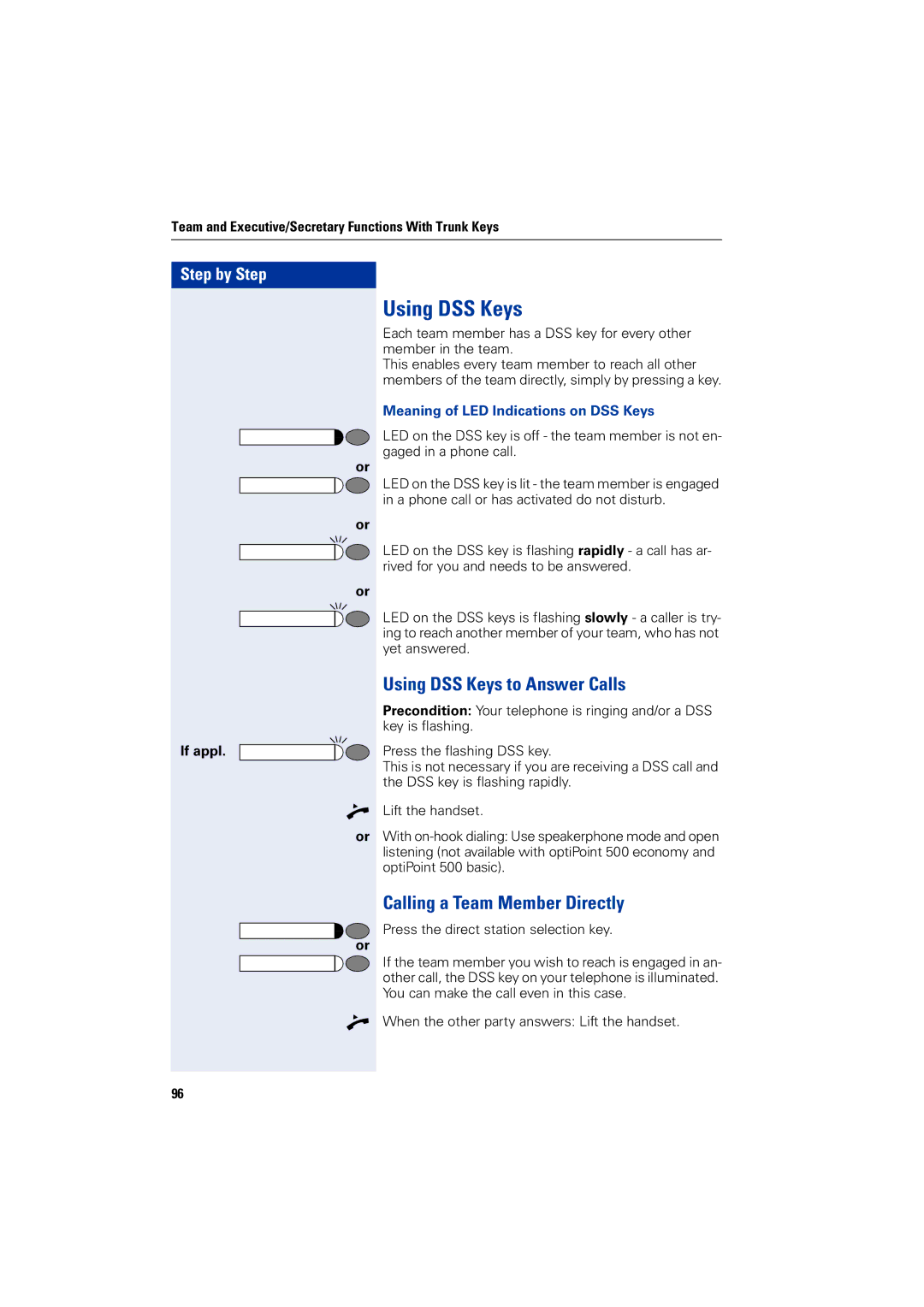 Siemens 5000 RSM operating instructions Using DSS Keys to Answer Calls, Calling a Team Member Directly, If appl 