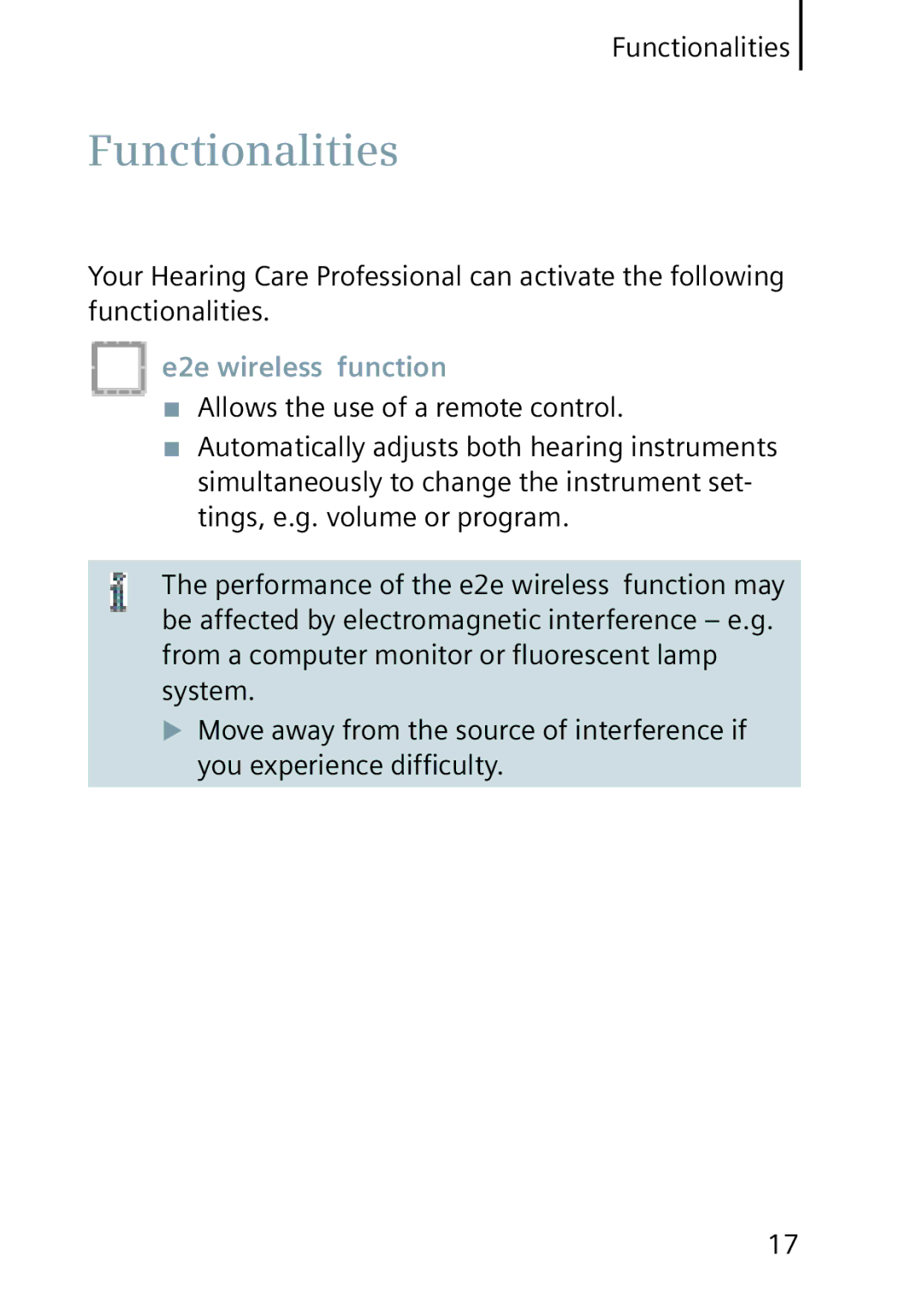 Siemens 701, 501 manual Functionalities, E2e wireless function 