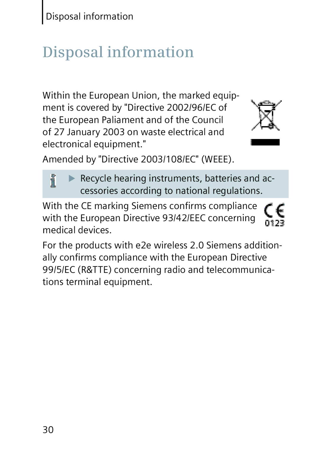 Siemens 501, 701 manual Disposal information 