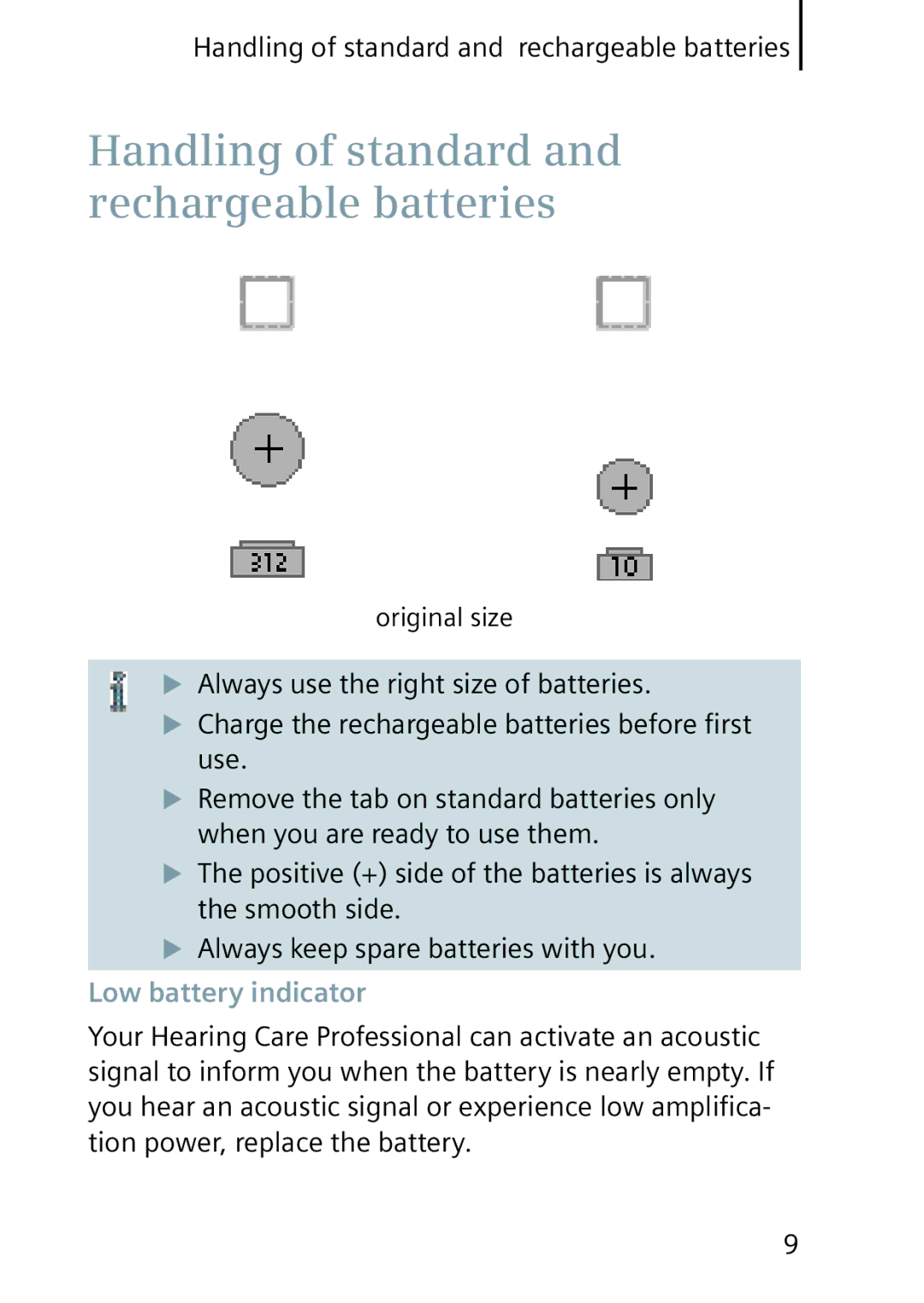 Siemens 701, 501 manual Handling of standard and rechargeable batteries, Low battery indicator 