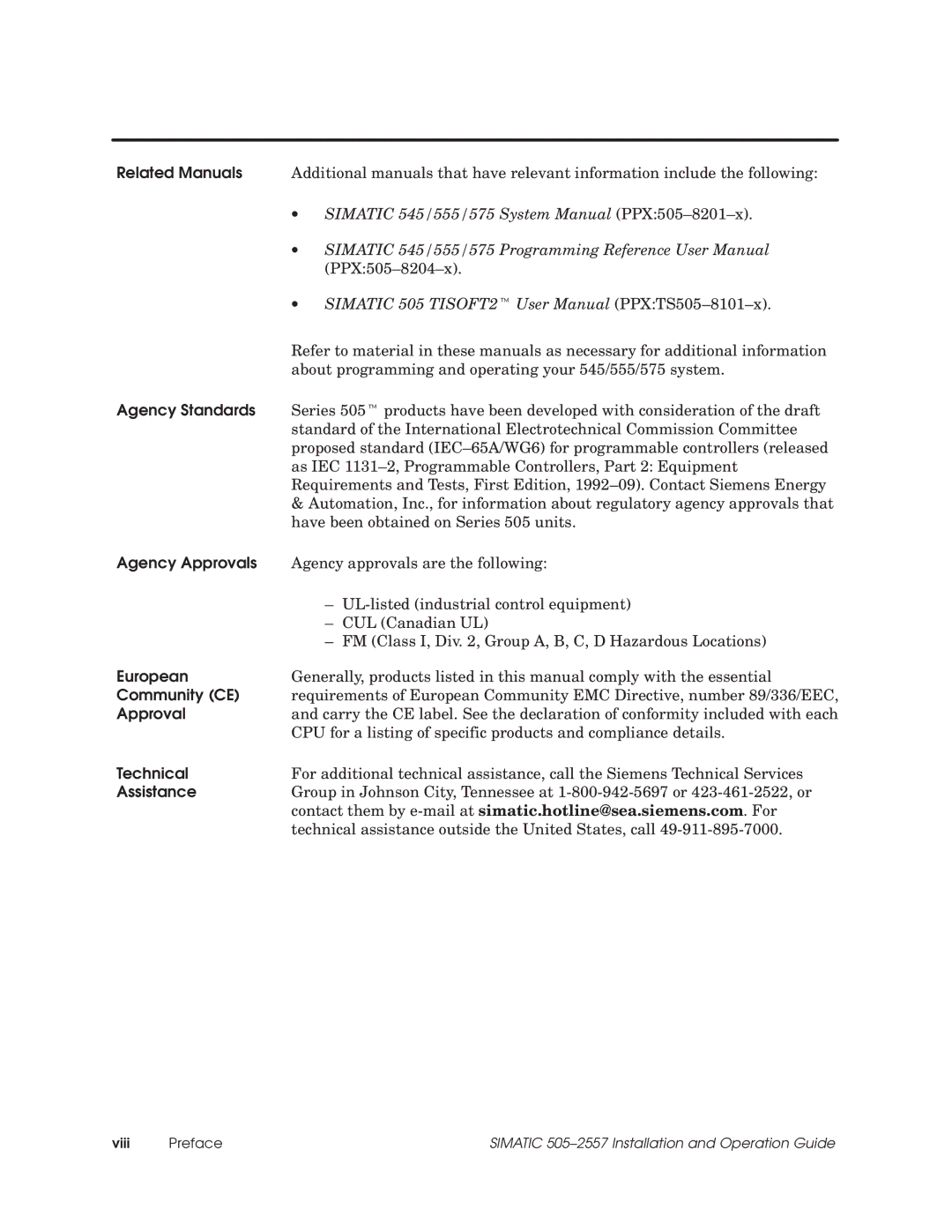 Siemens 505-2557 installation and operation guide Agency Approvals, European, Community CE, Technical, Assistance 