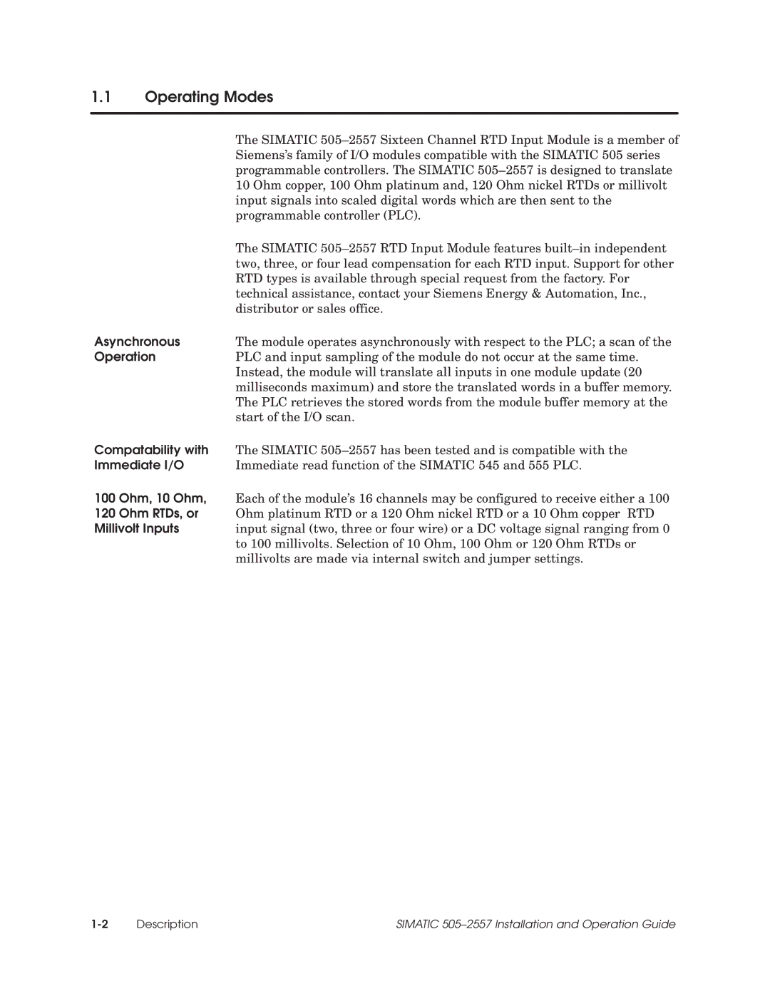 Siemens 505-2557 installation and operation guide Operating Modes 