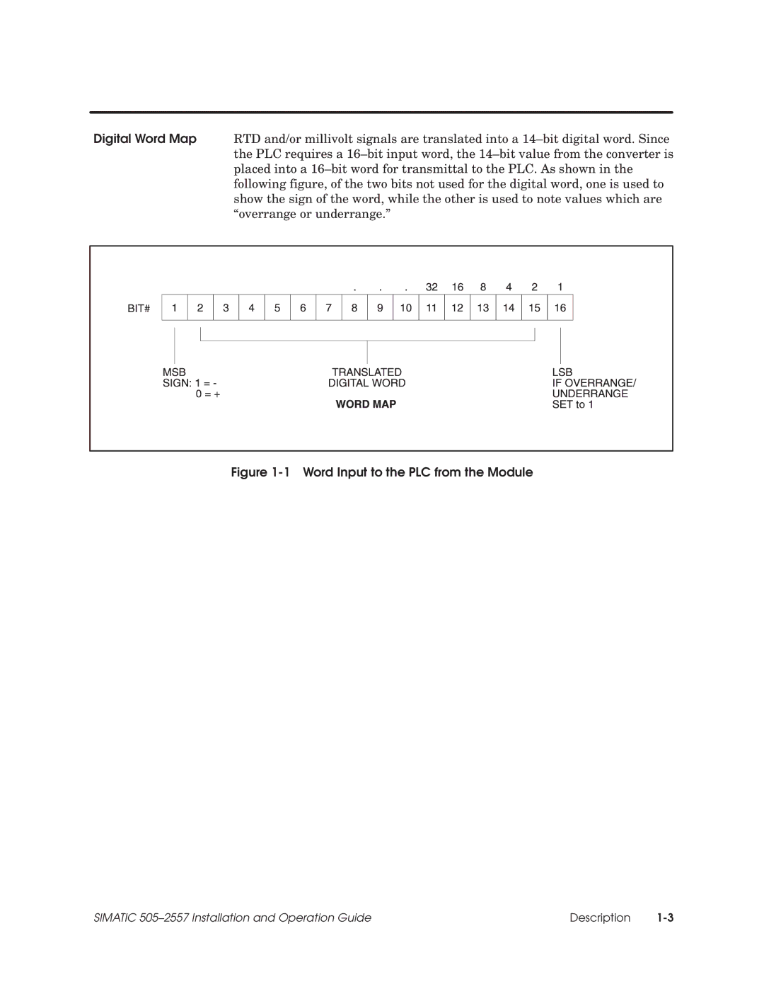 Siemens 505-2557 installation and operation guide Word Input to the PLC from the Module 