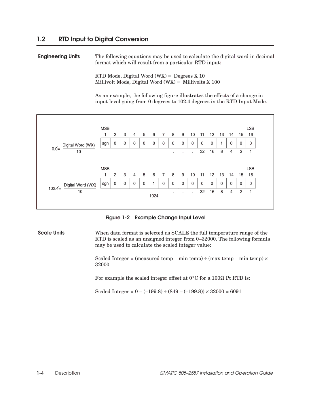 Siemens 505-2557 installation and operation guide RTD Input to Digital Conversion, Scale Units 