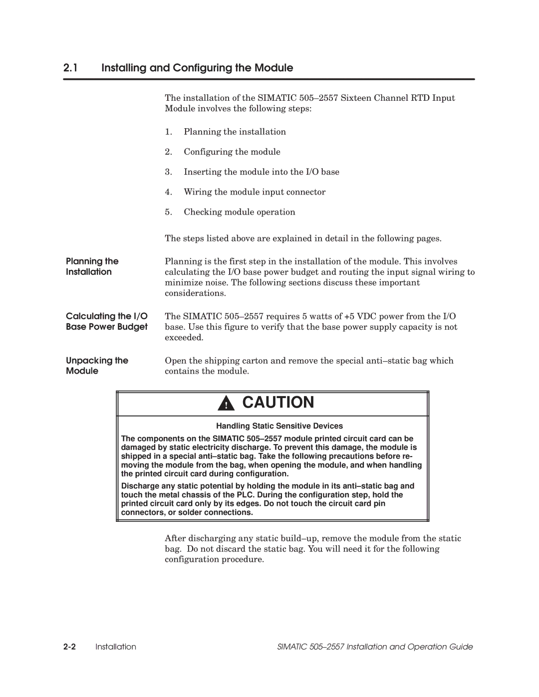 Siemens 505-2557 installation and operation guide Installing and Configuring the Module 