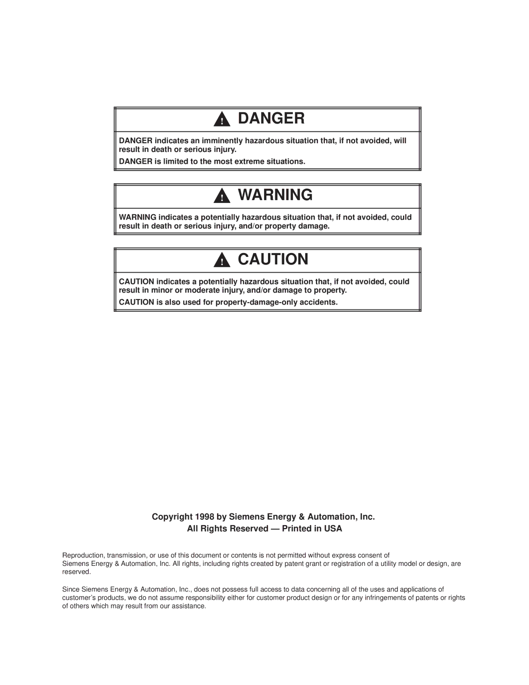 Siemens 505-2557 installation and operation guide Copyright 1998 by Siemens Energy & Automation, Inc 