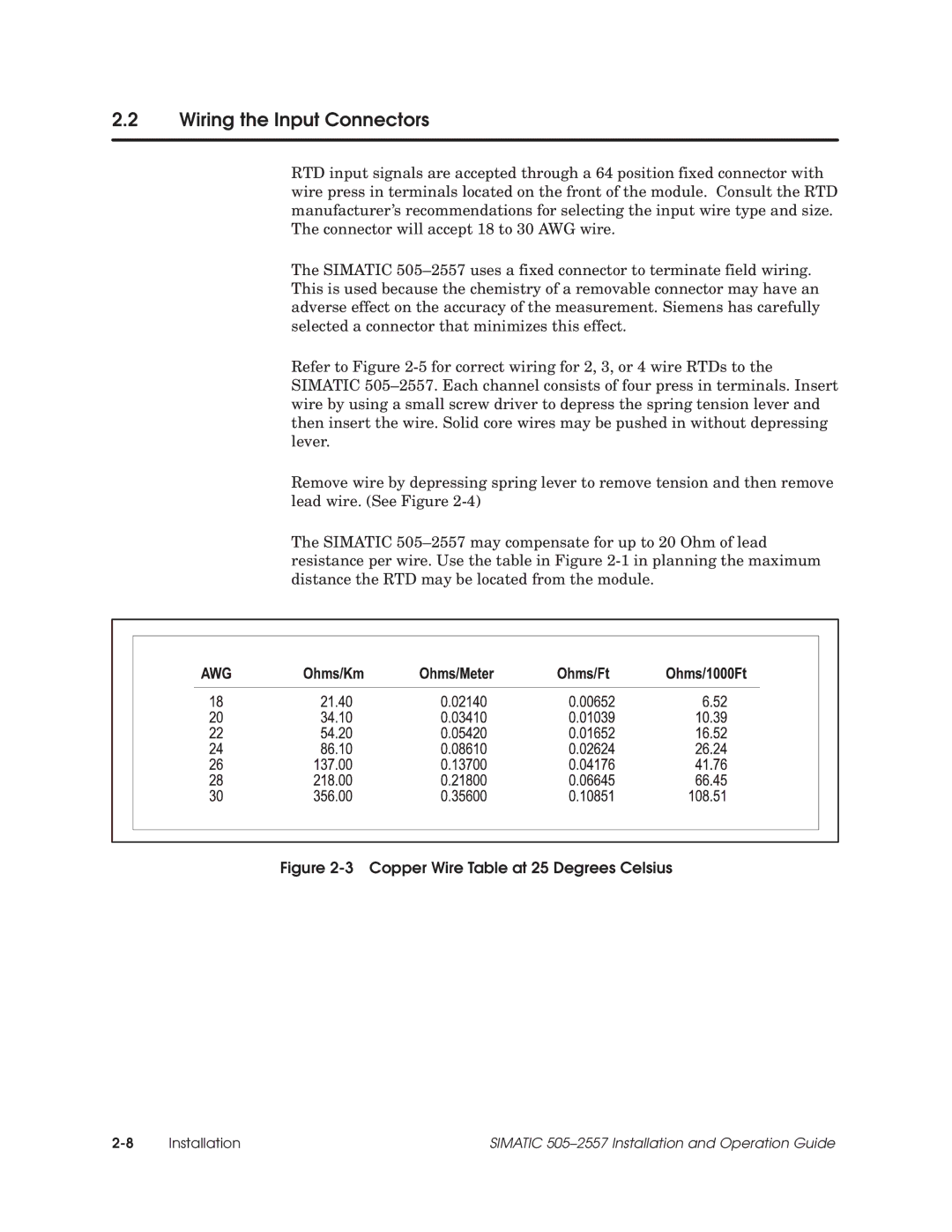 Siemens 505-2557 installation and operation guide Wiring the Input Connectors, Copper Wire Table at 25 Degrees Celsius 