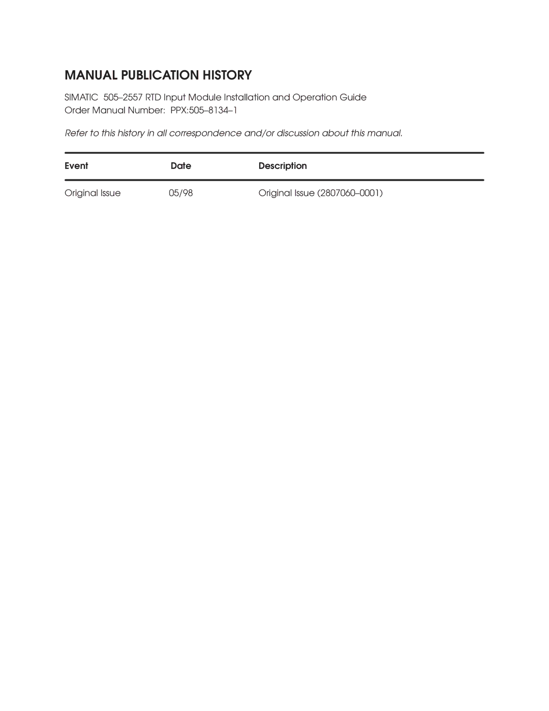 Siemens 505-2557 installation and operation guide Manual Publication History 