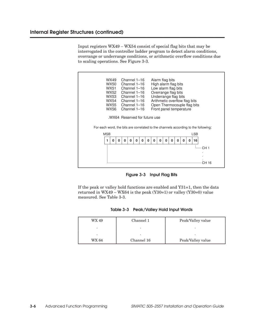 Siemens 505-2557 installation and operation guide Input Flag Bits, Peak/Valley Hold Input Words 