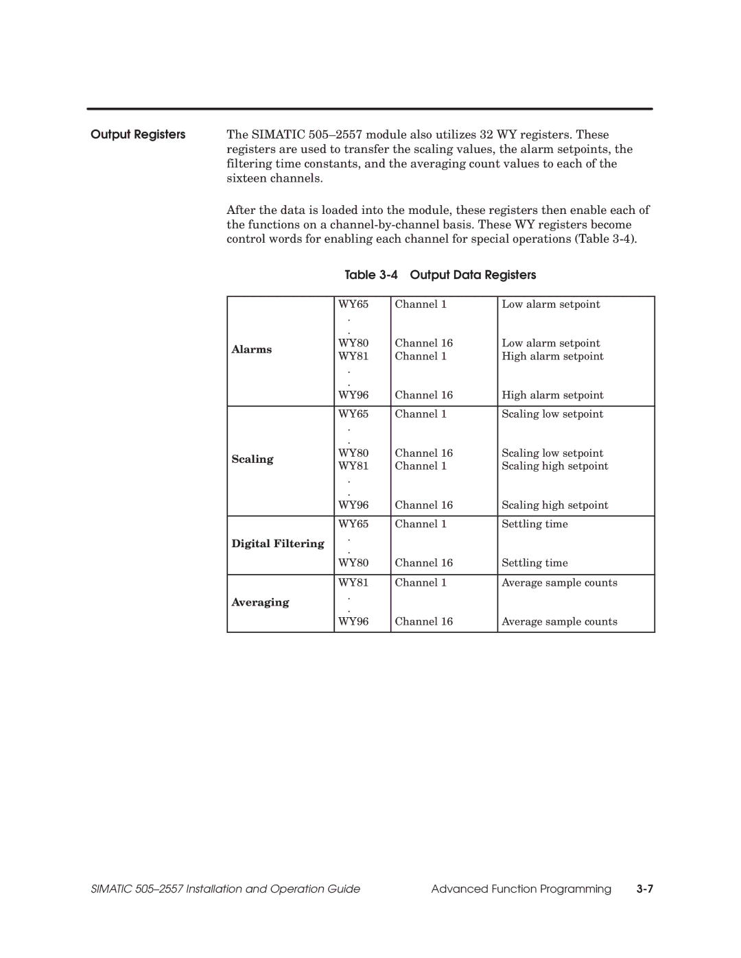 Siemens 505-2557 installation and operation guide Output Data Registers, Averaging 