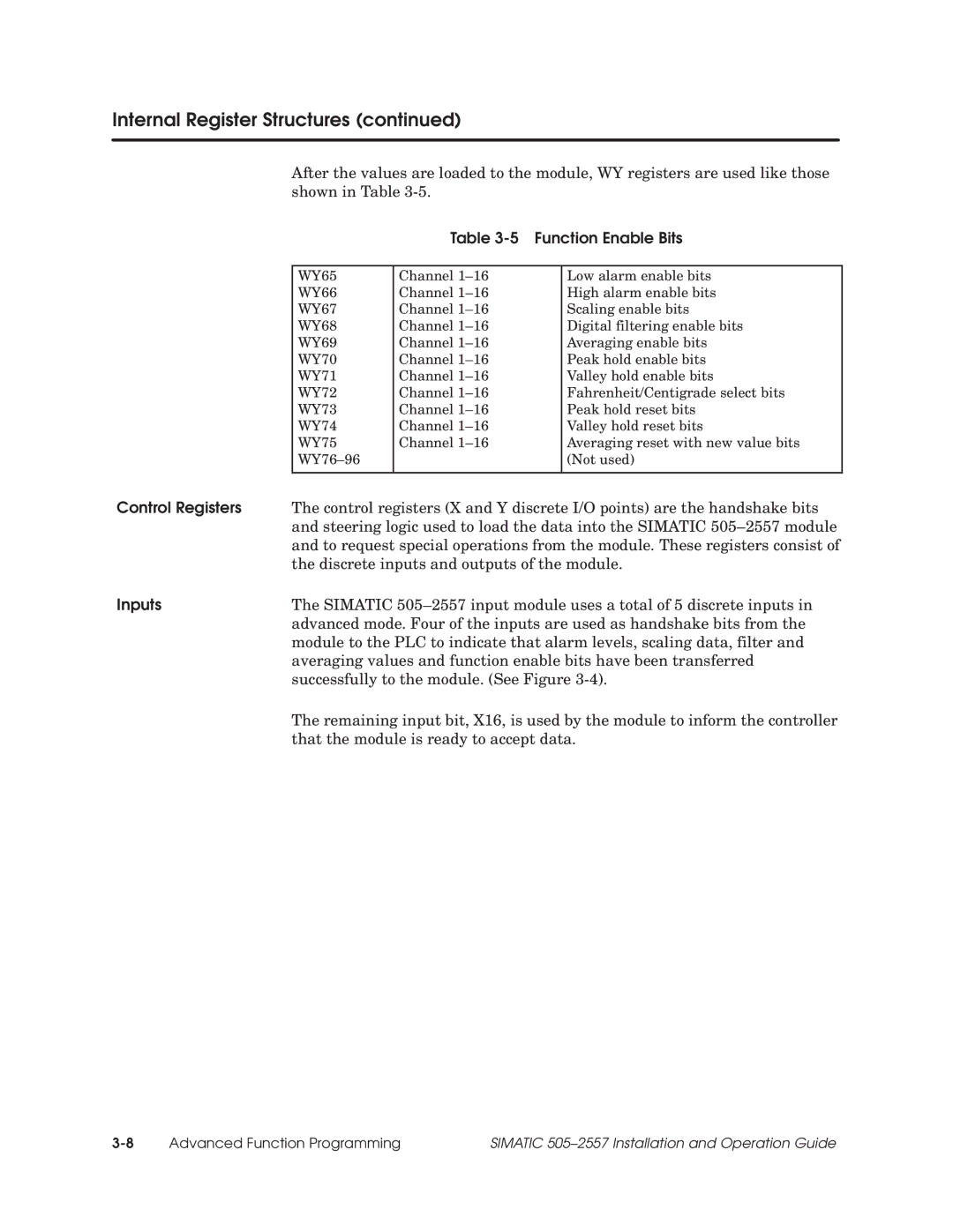 Siemens 505-2557 installation and operation guide Function Enable Bits, Control Registers, Inputs 