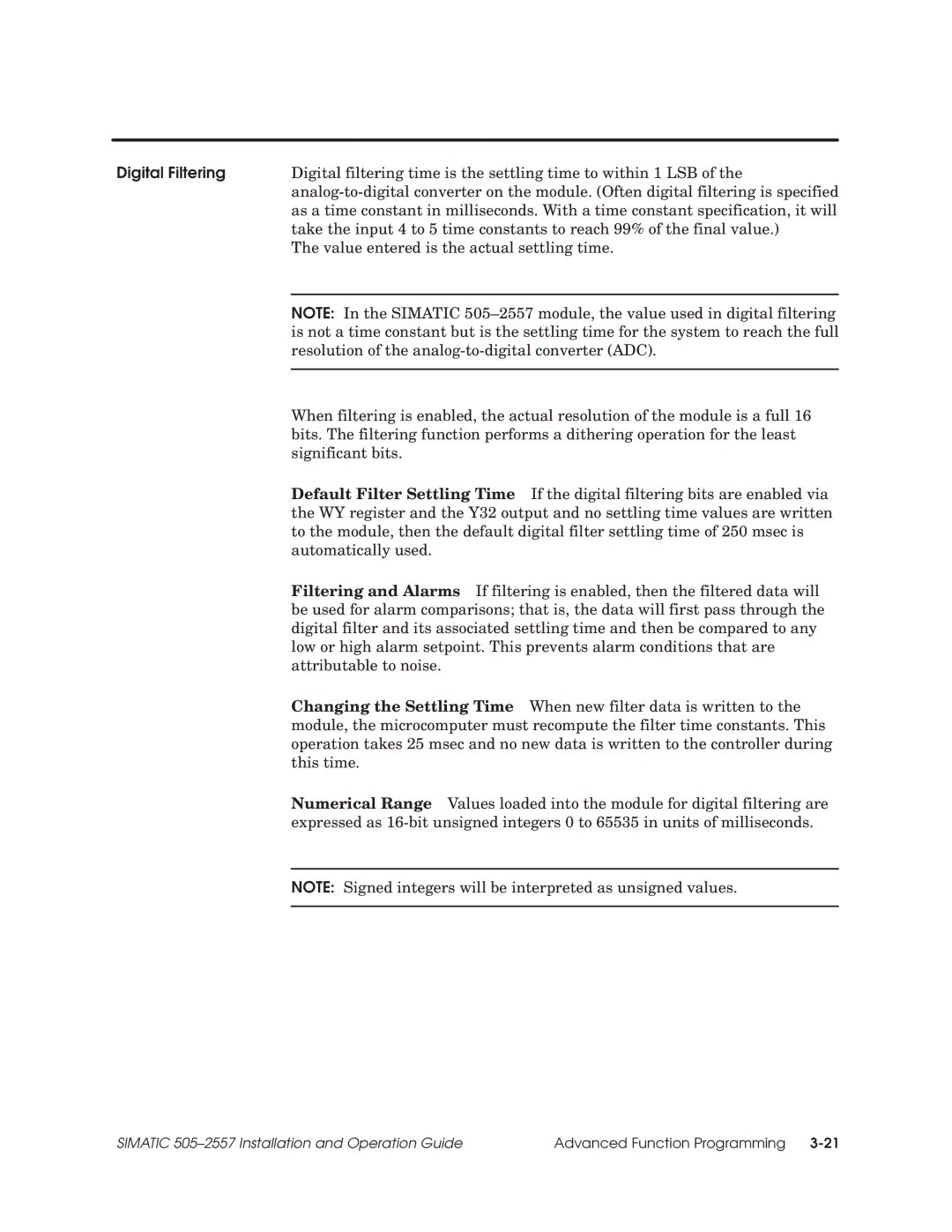 Siemens 505-2557 installation and operation guide Digital Filtering 