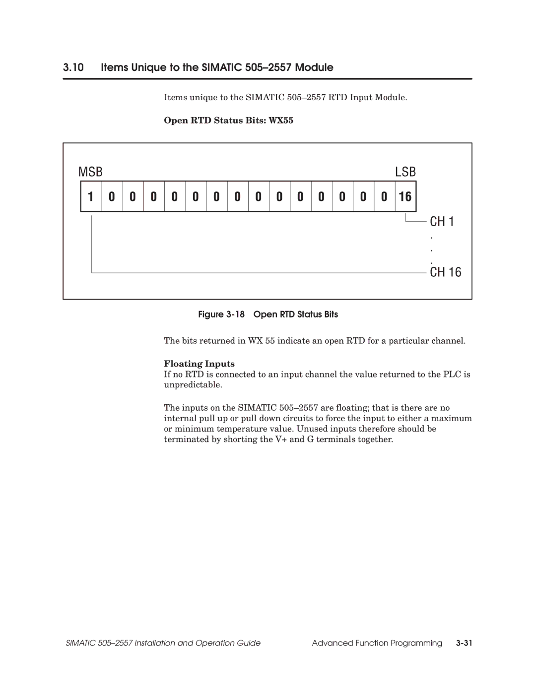 Siemens 505-2557 installation and operation guide Items Unique to the Simatic 505±2557 Module, Open RTD Status Bits 