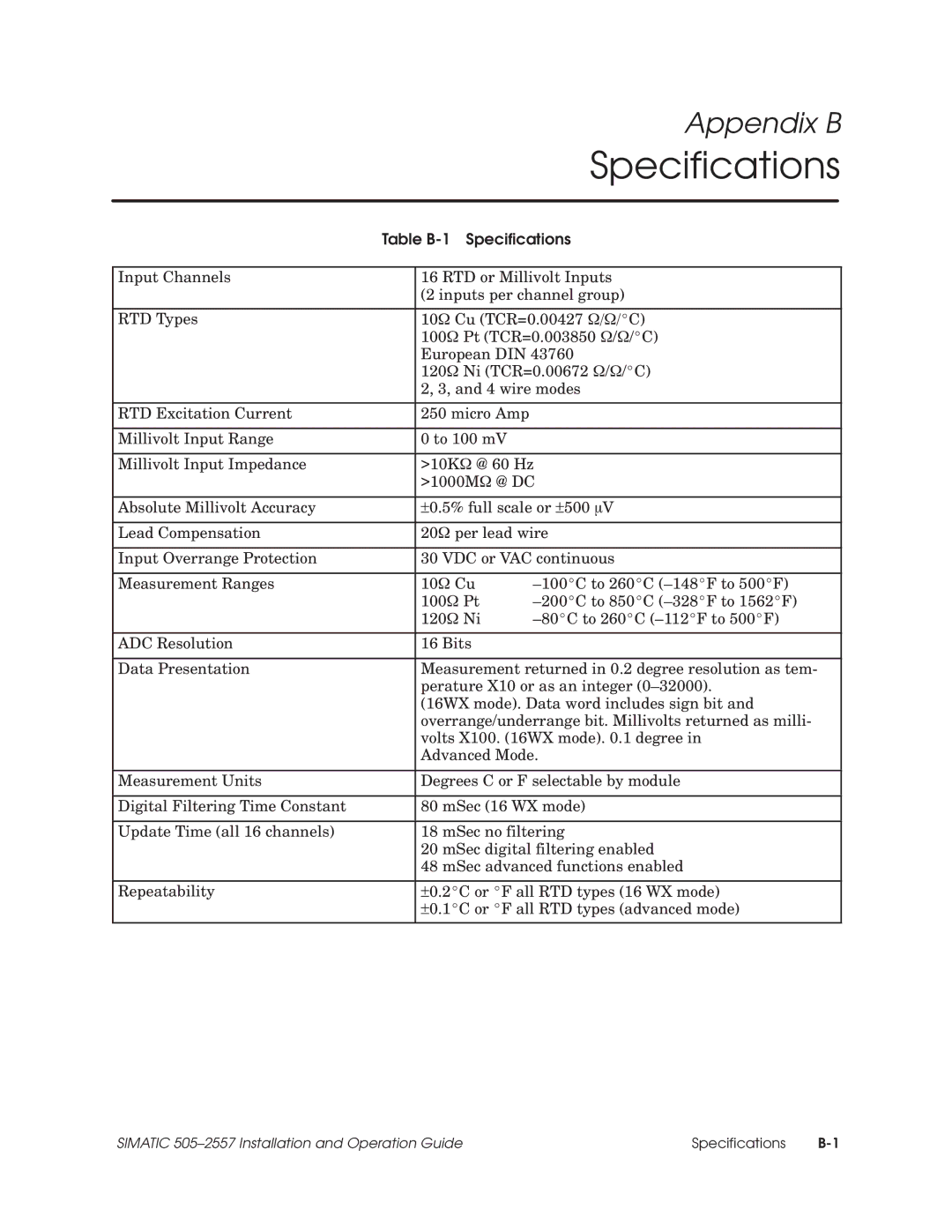 Siemens 505-2557 installation and operation guide Table B-1 Specifications 