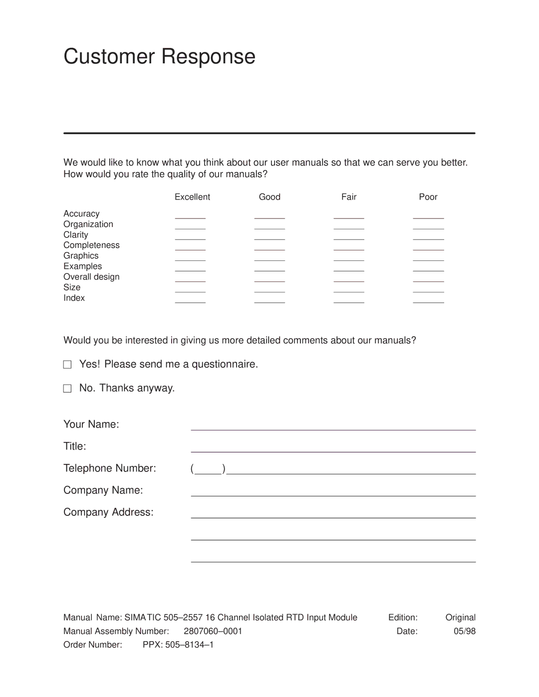 Siemens 505-2557 installation and operation guide Customer Response 