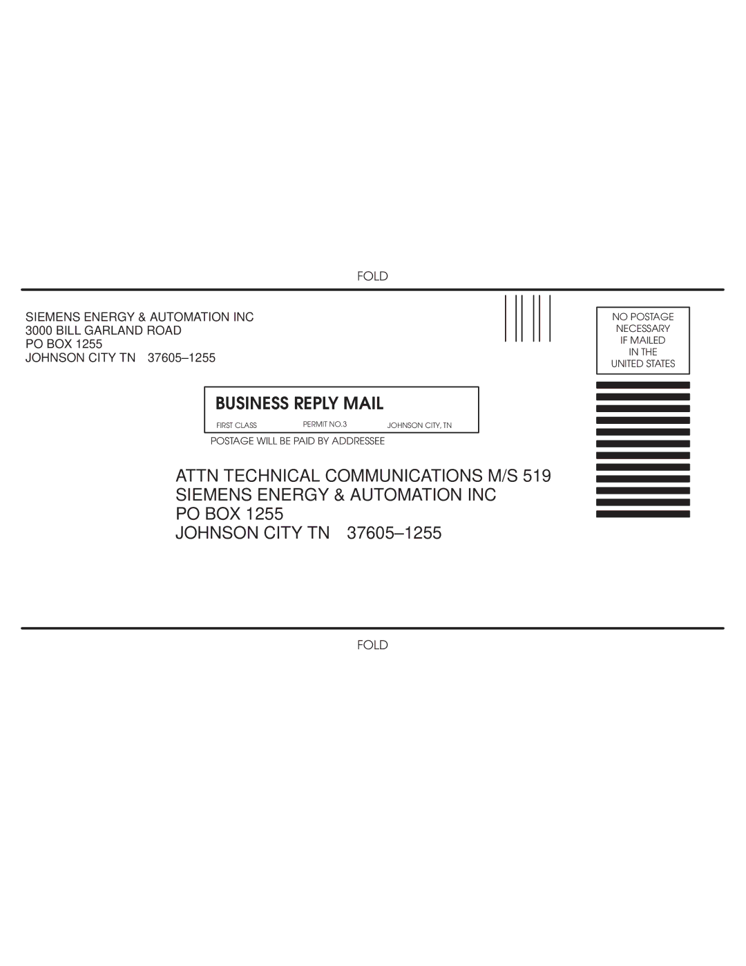 Siemens 505-2557 installation and operation guide Business Reply Mail 