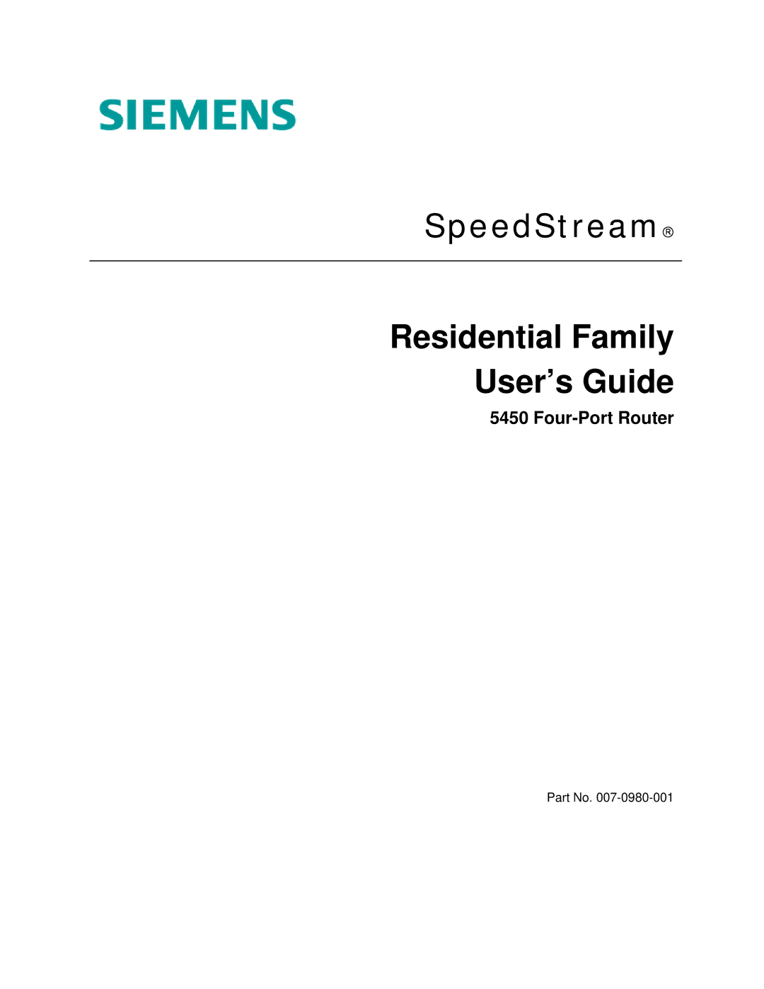 Siemens 5450 manual SpeedStream→ Residential Family User’s Guide, Four-Port Router 